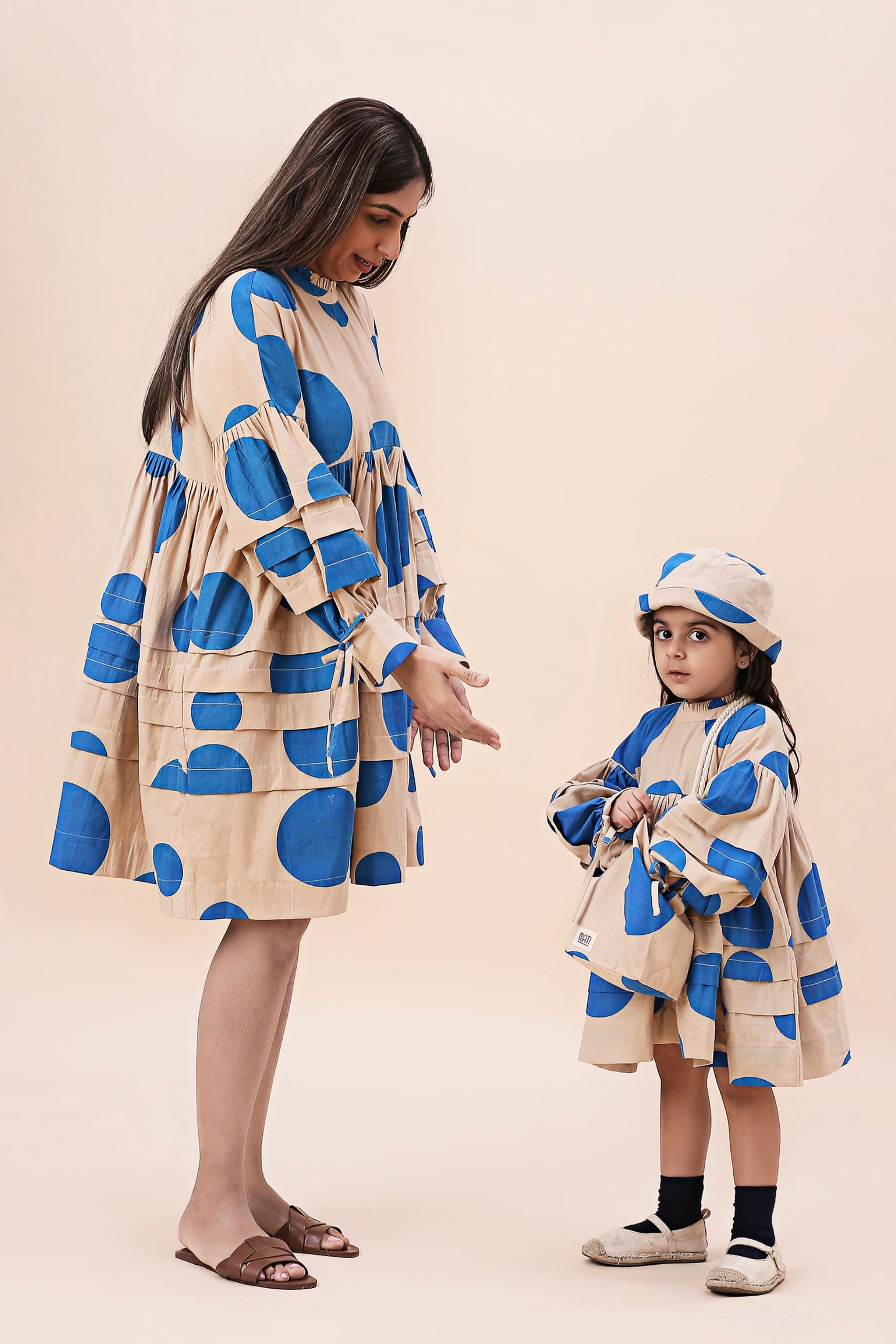 Blue Hand Block Printed Polka Avira Dress