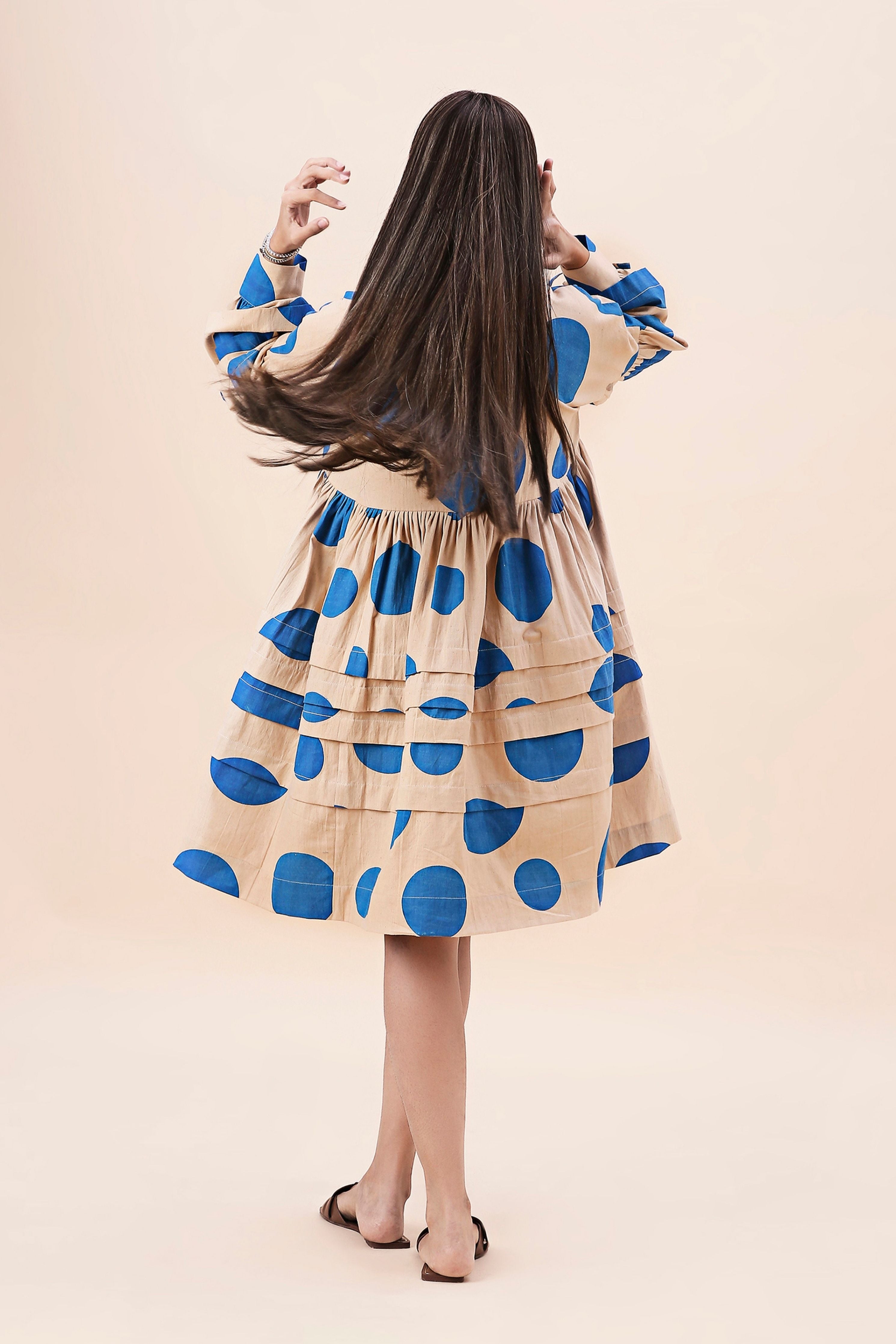 Blue Hand Block Printed Polka Avira Dress