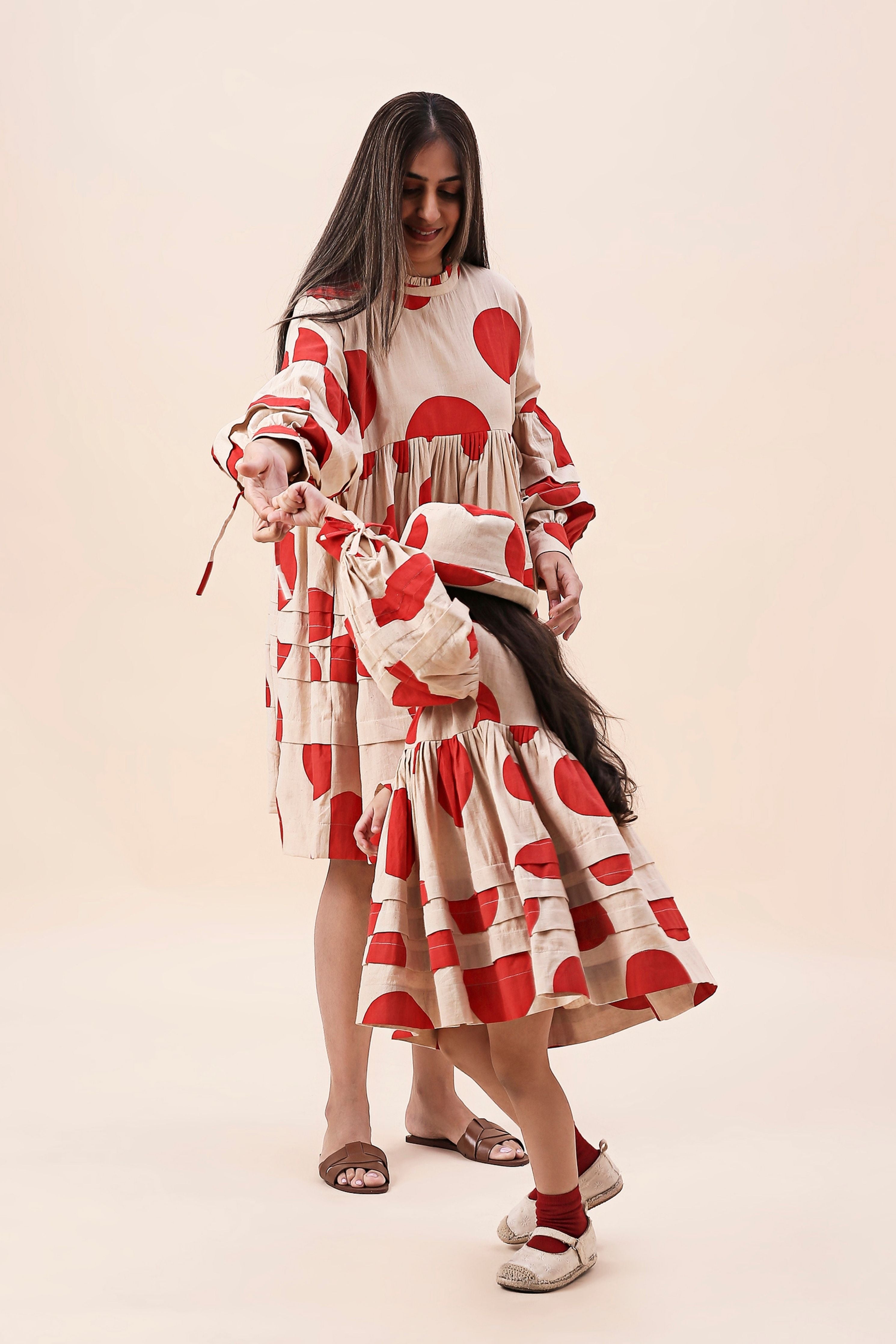 Red Hand Block Printed Polka Avira Dress