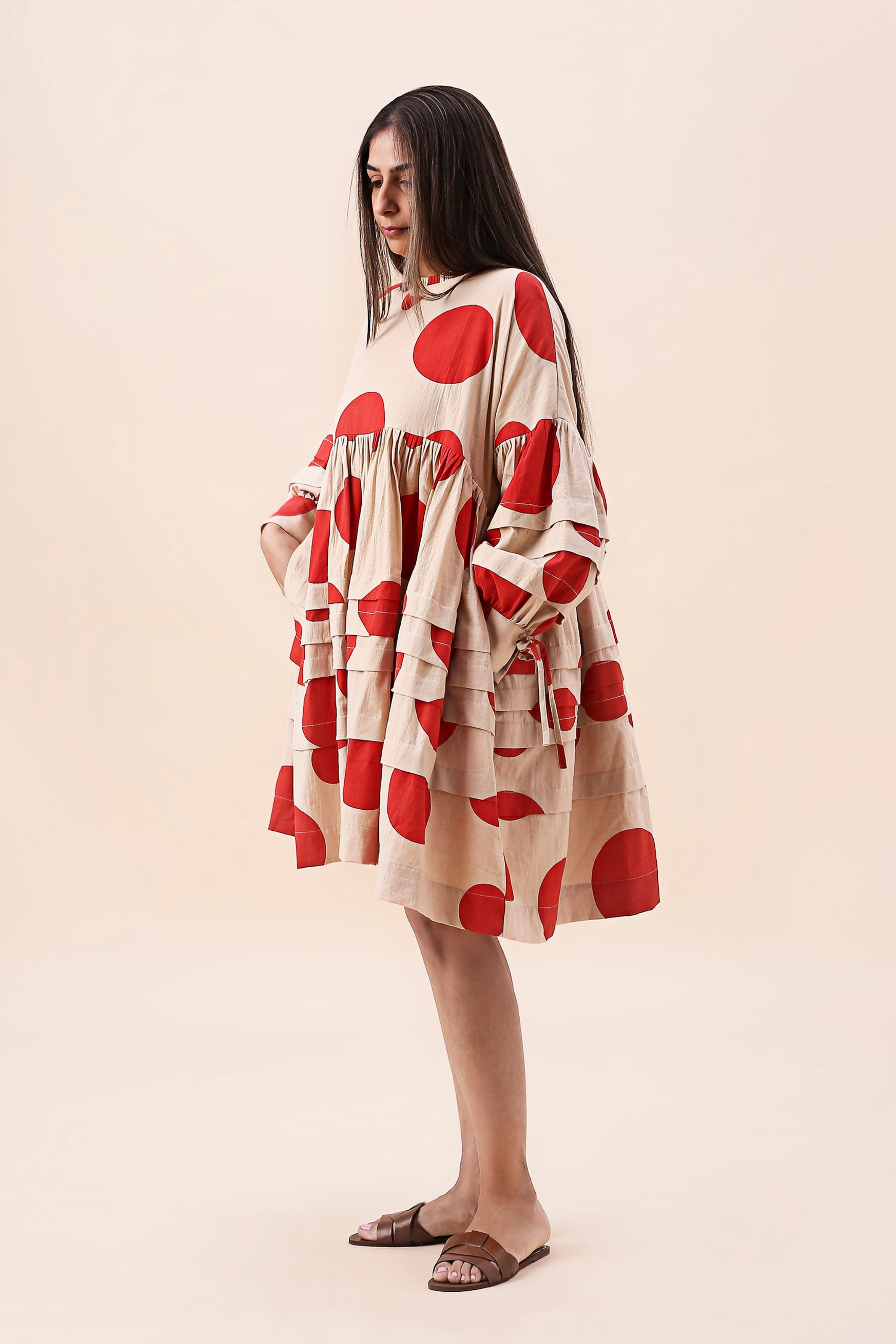 Red Hand Block Printed Polka Avira Dress