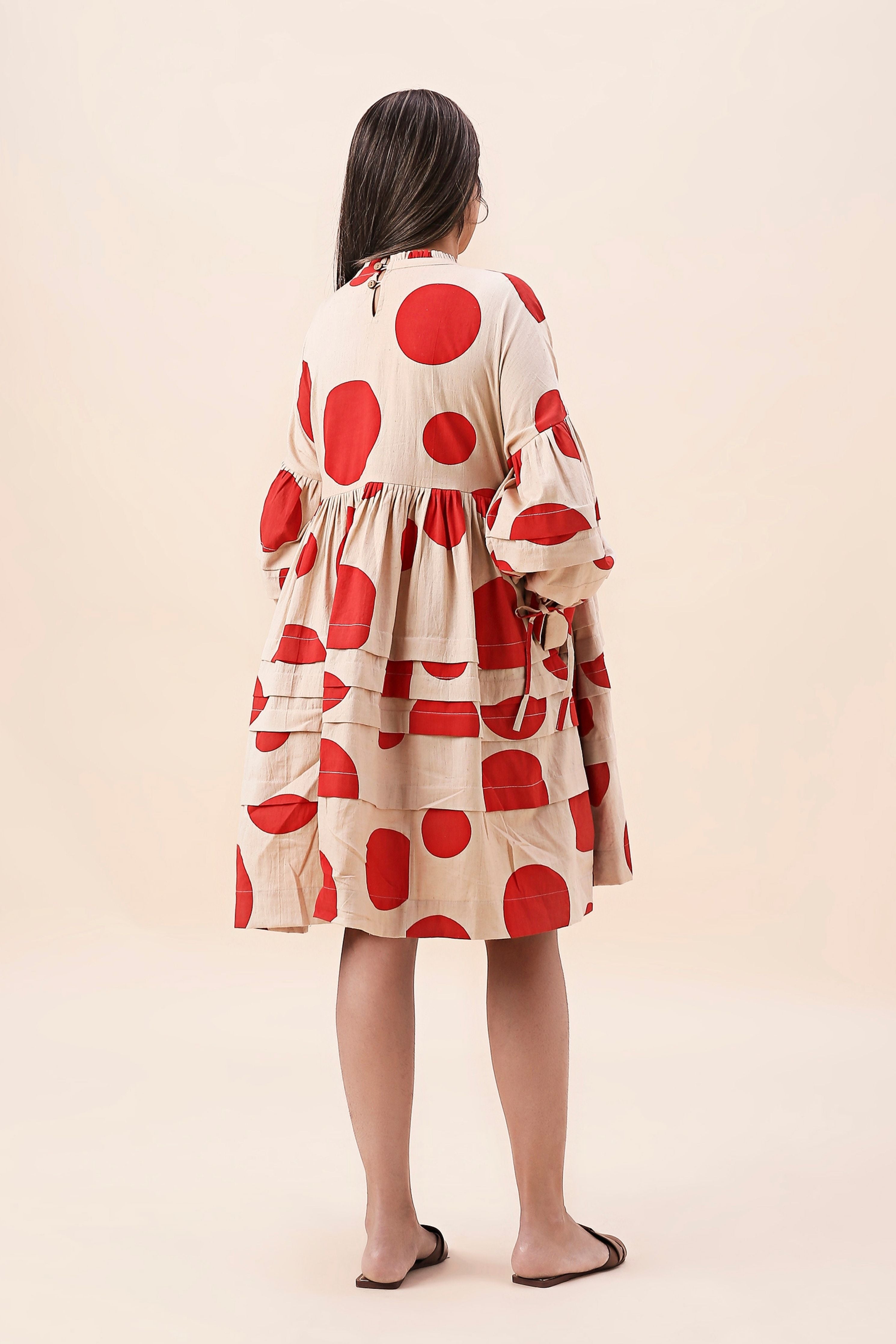Red Hand Block Printed Polka Avira Dress