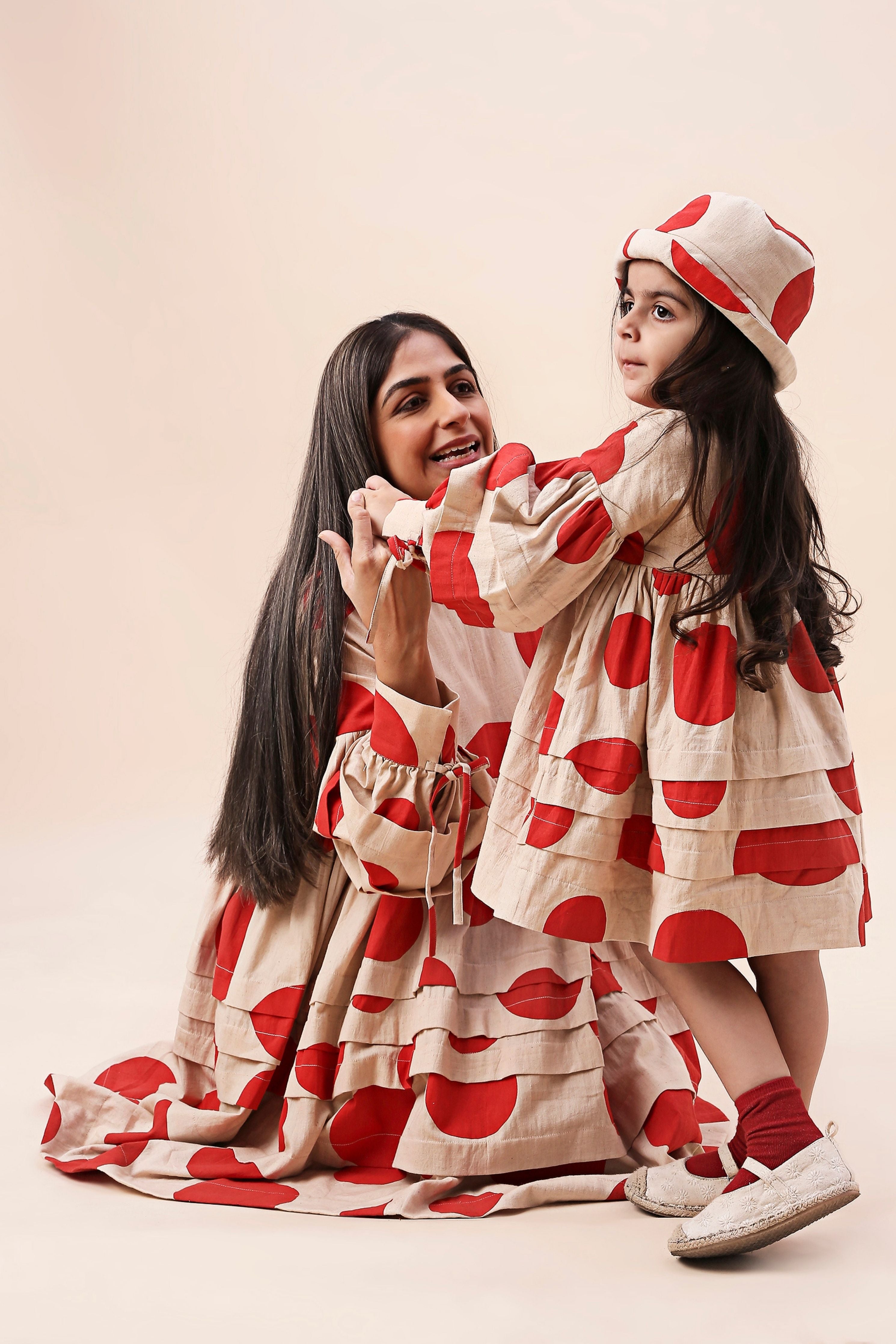 Red Hand Block Printed Polka Avira Dress