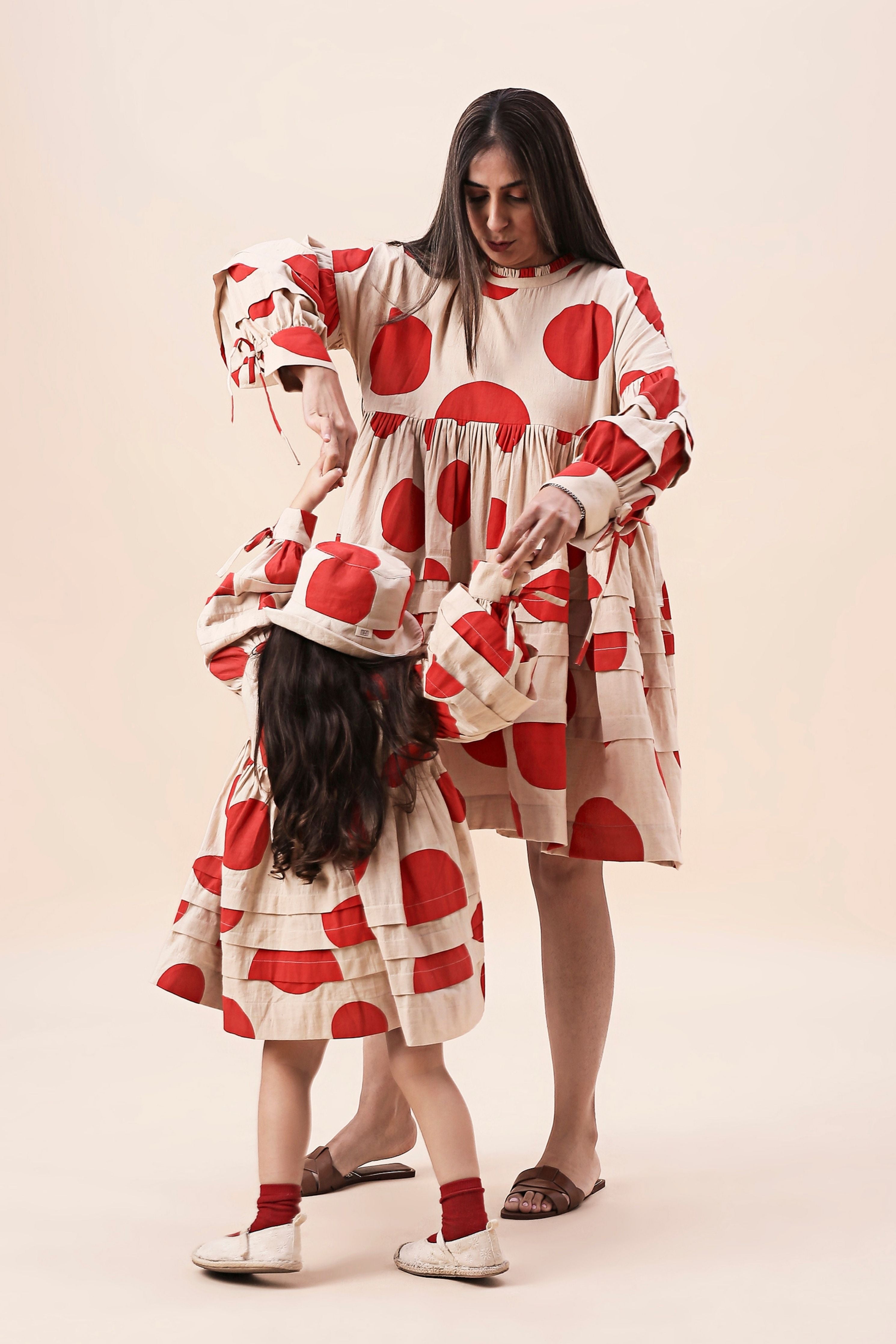 Red Hand Block Printed Polka Avira Dress