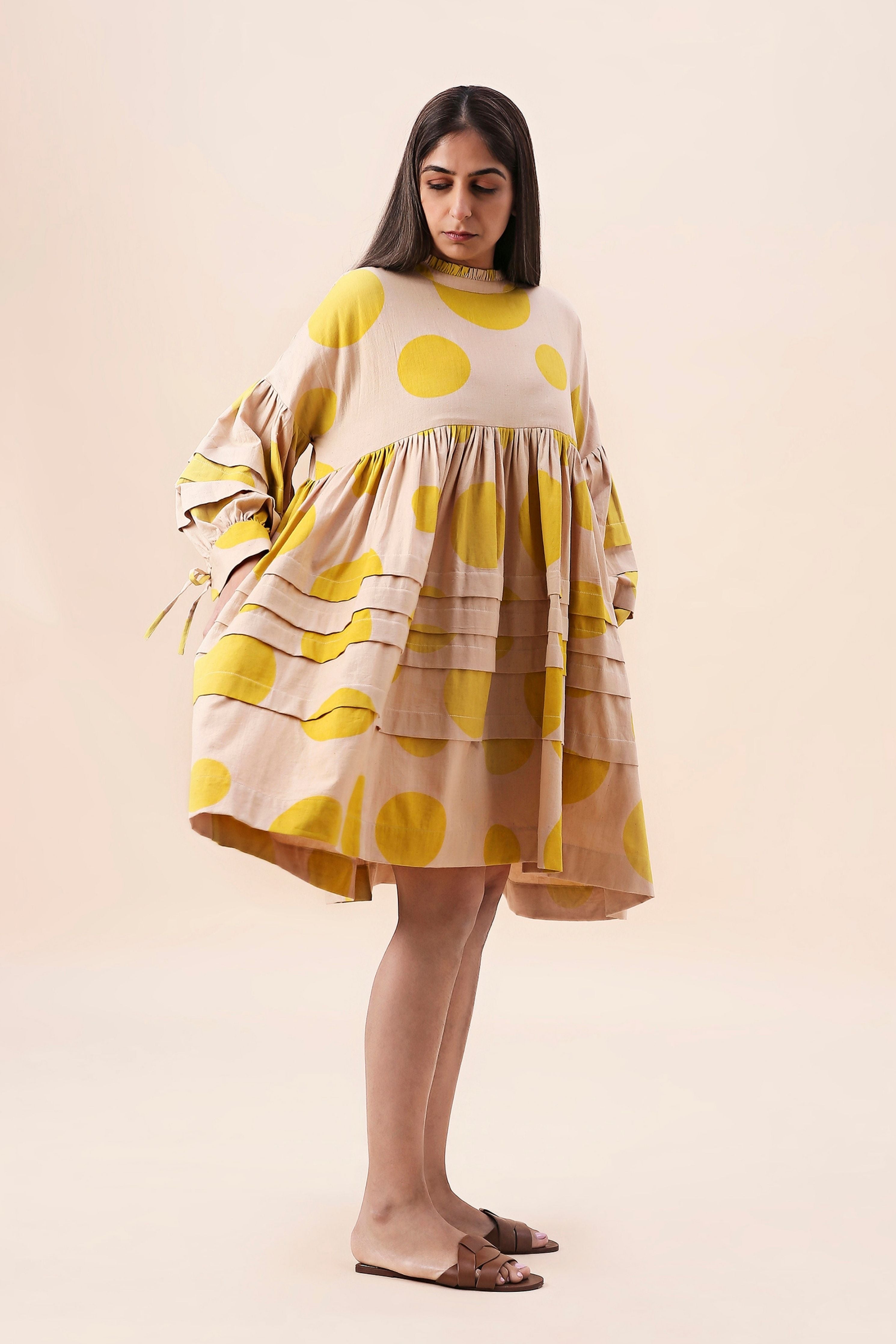 Yellow Hand Block Printed Polka Avira Dress