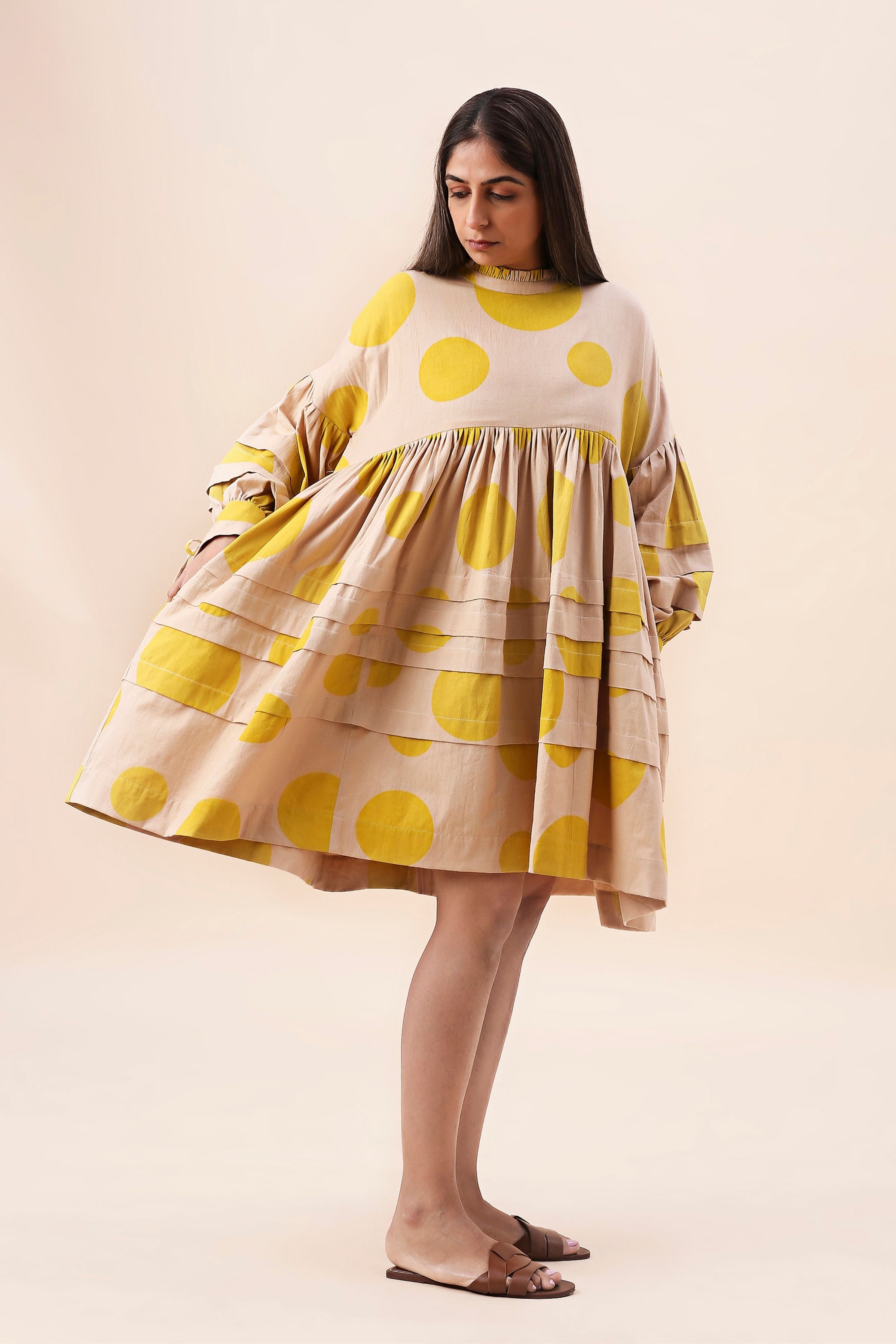 Yellow Hand Block Printed Polka Avira Dress