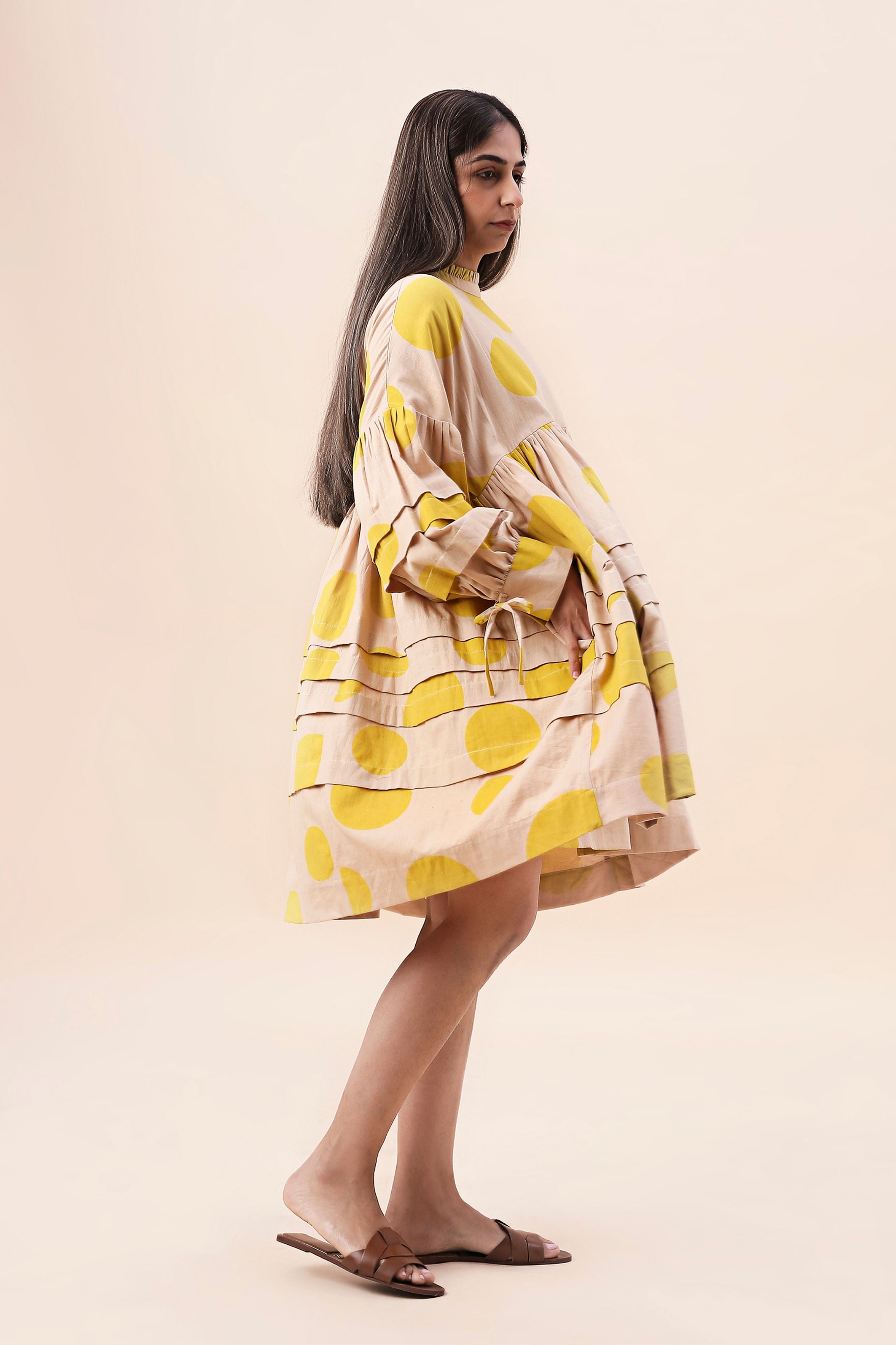 Yellow Hand Block Printed Polka Avira Dress