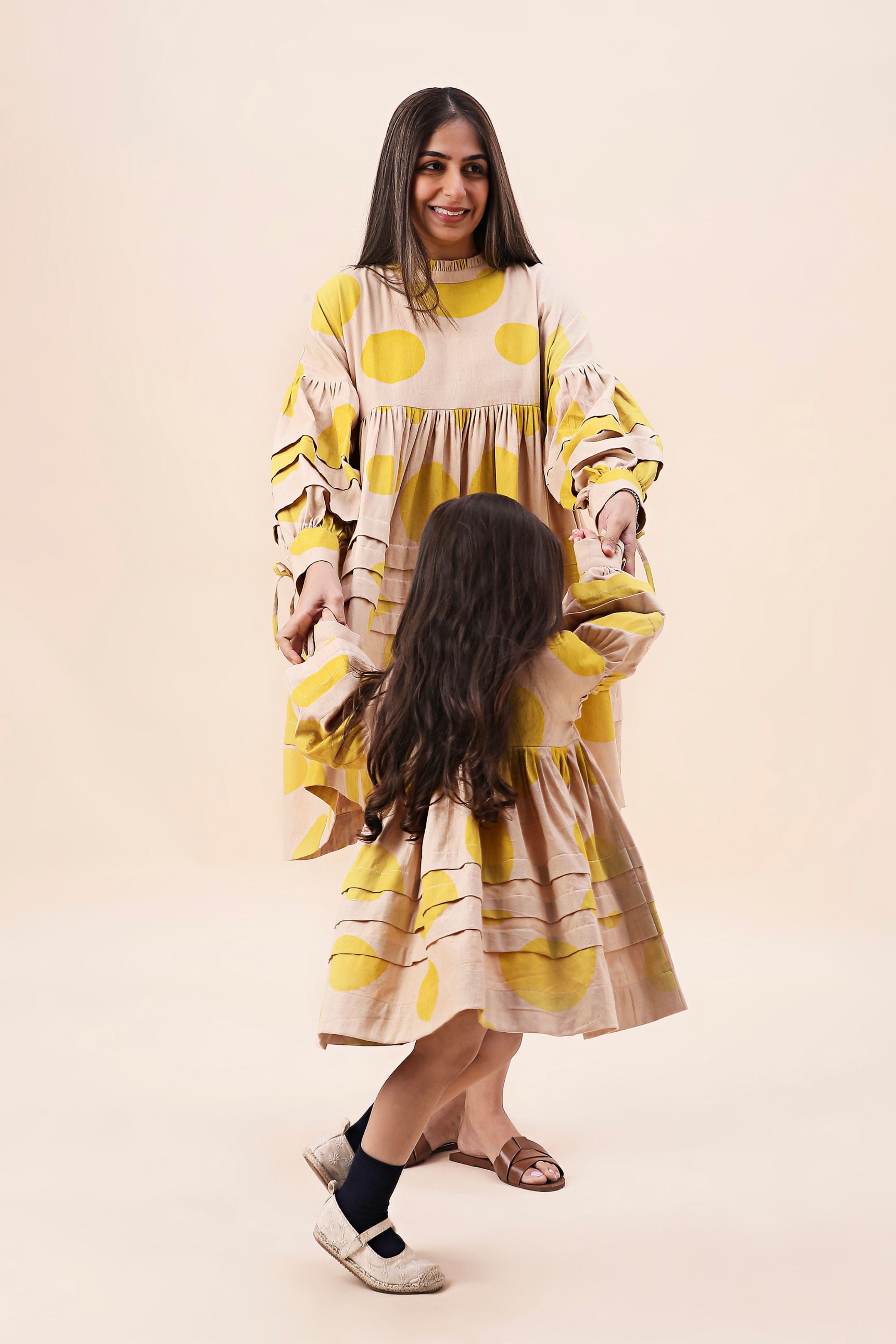 Yellow Hand Block Printed Polka Avira Dress