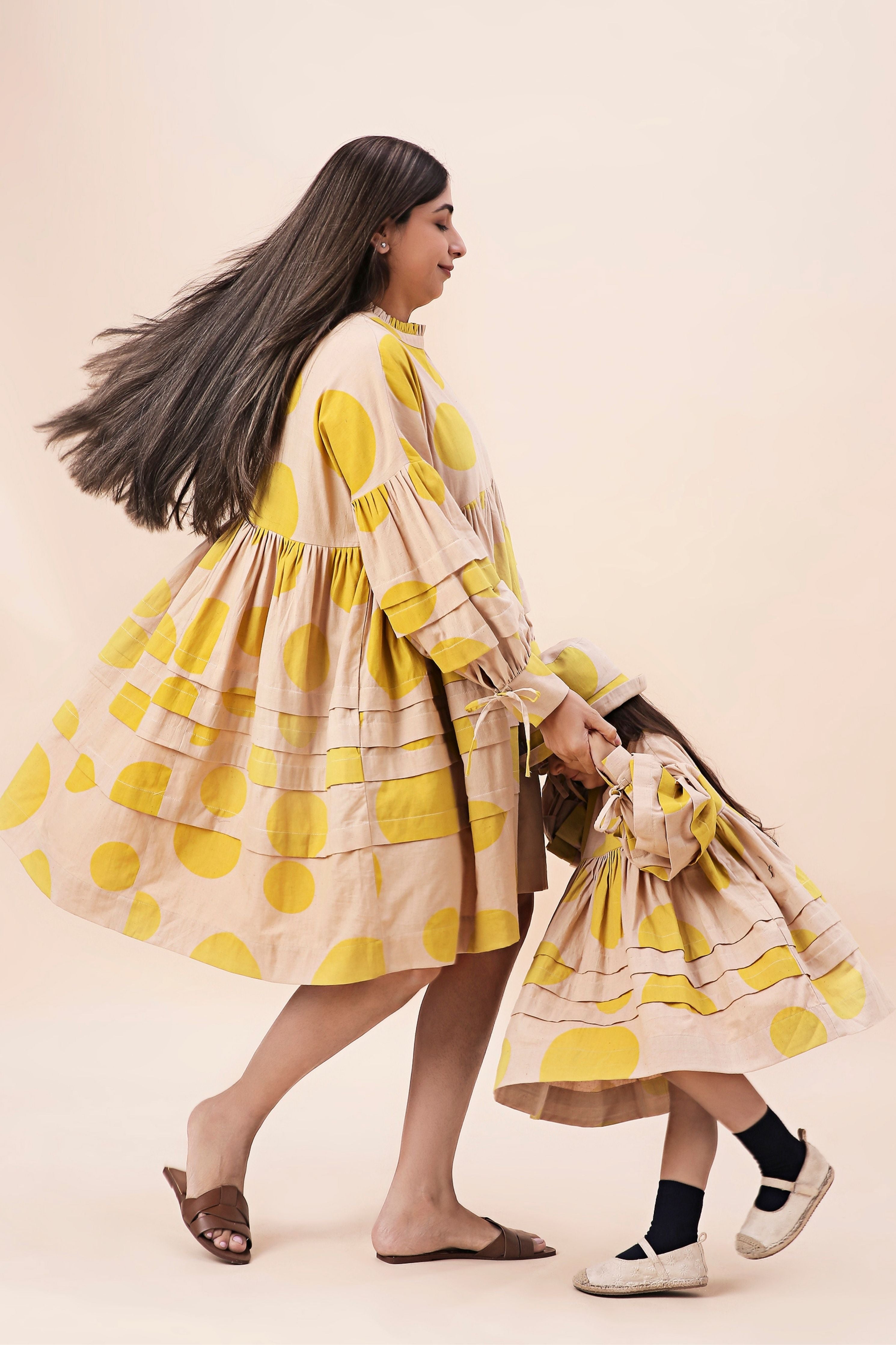 Yellow Hand Block Printed Polka Avira Dress