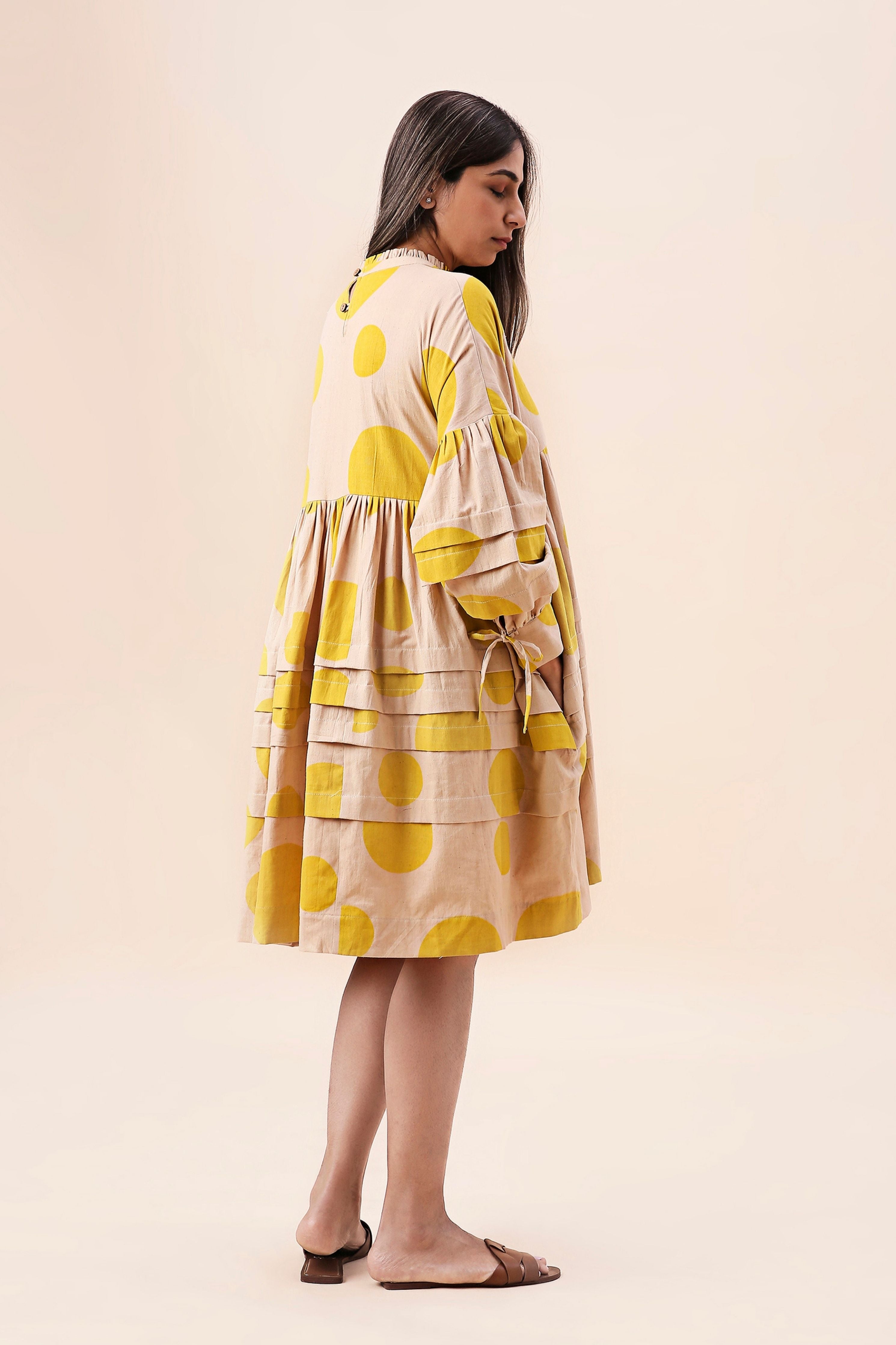 Yellow Hand Block Printed Polka Avira Dress