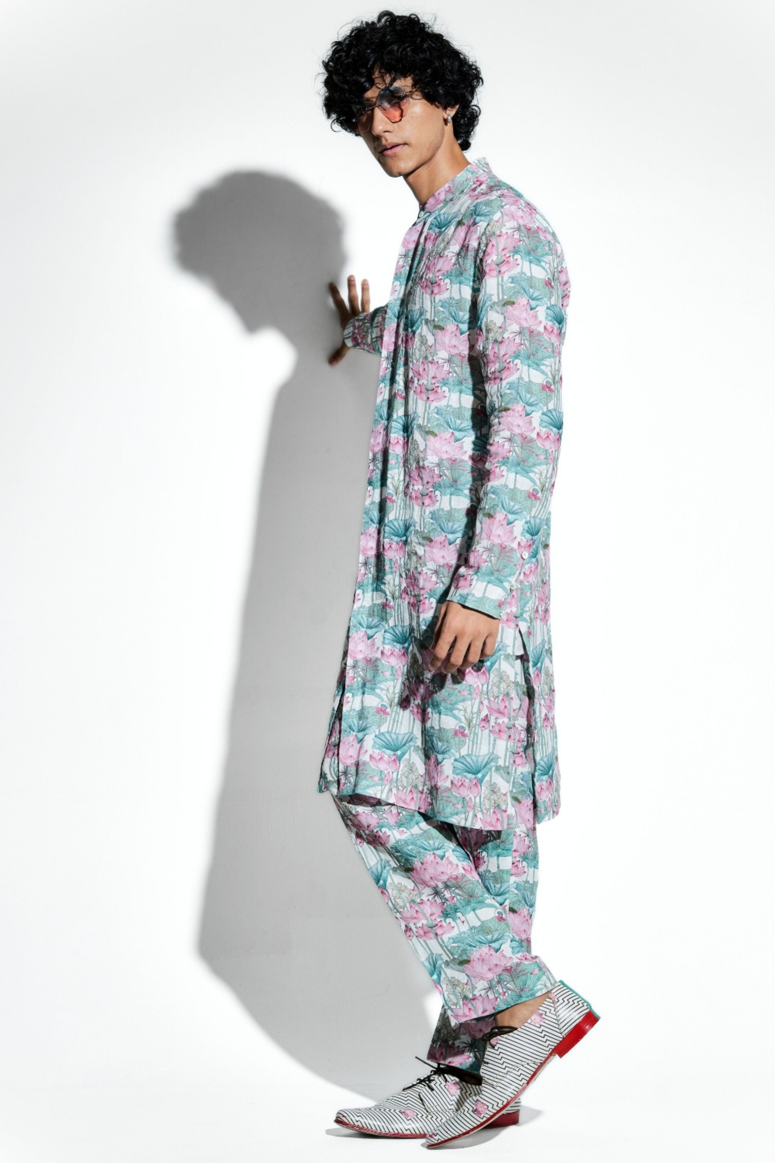 Kunala Lotus Printed Linen Kurta Set