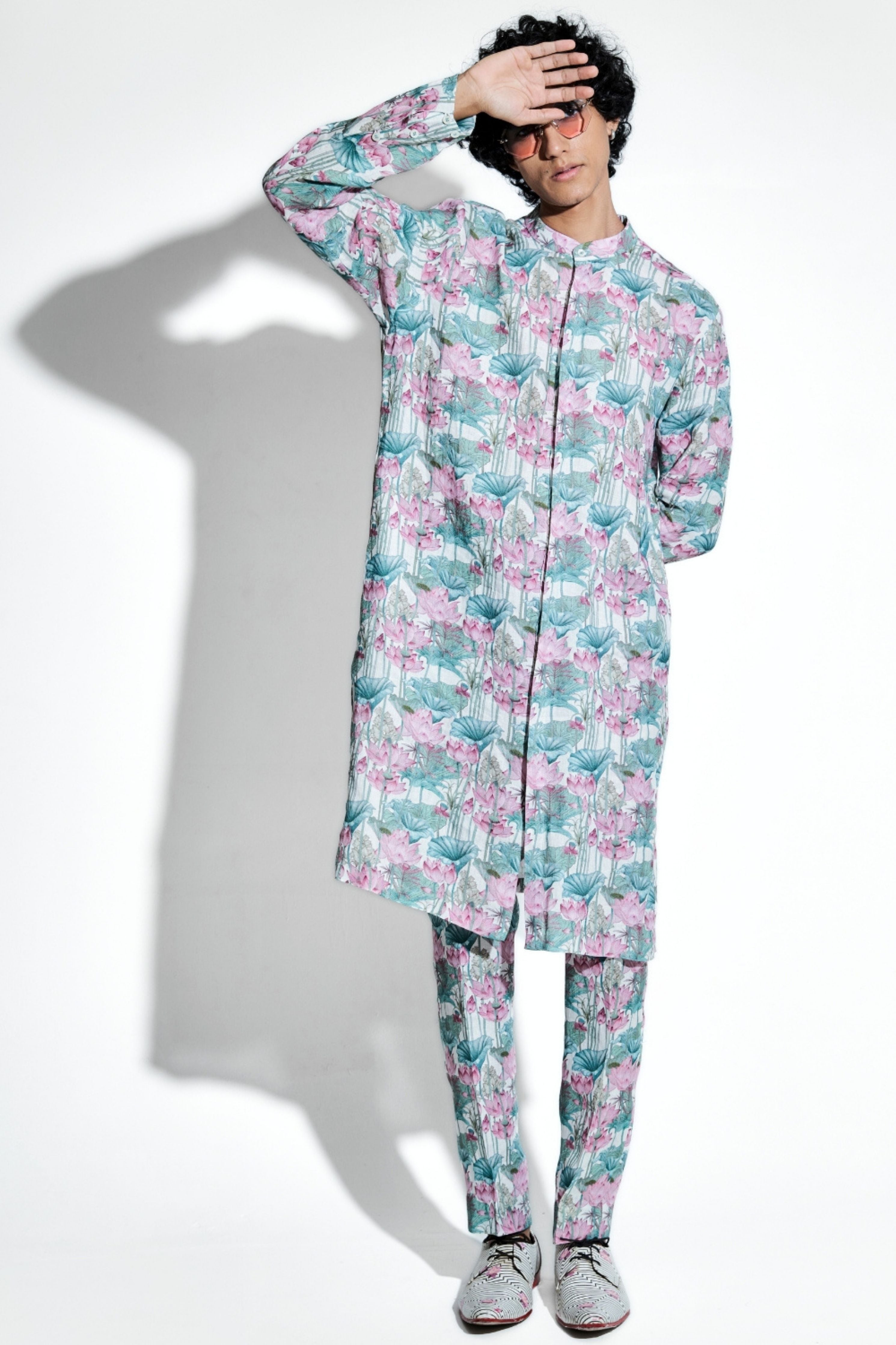 Kunala Lotus Printed Linen Kurta Set