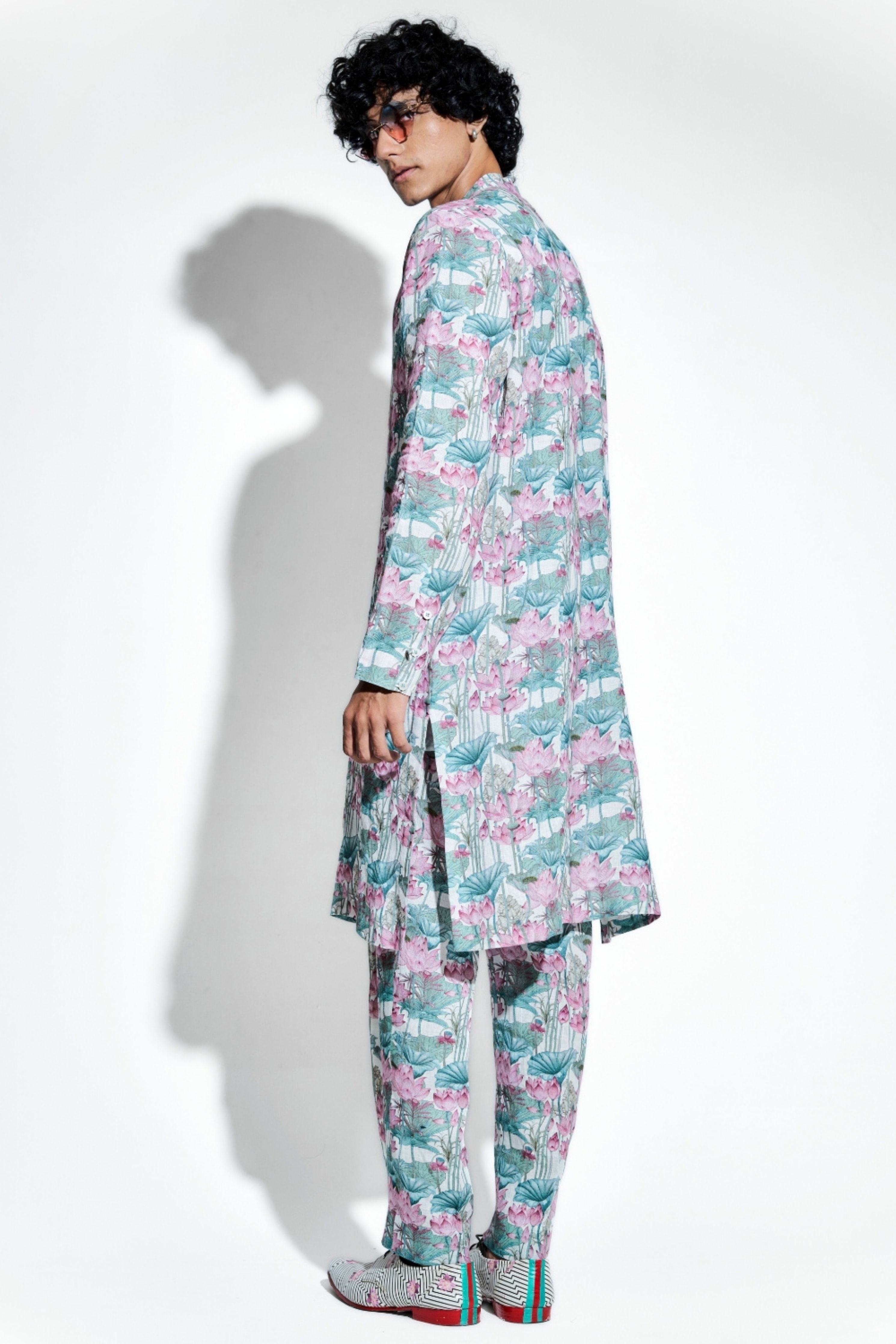 Kunala Lotus Printed Linen Kurta Set