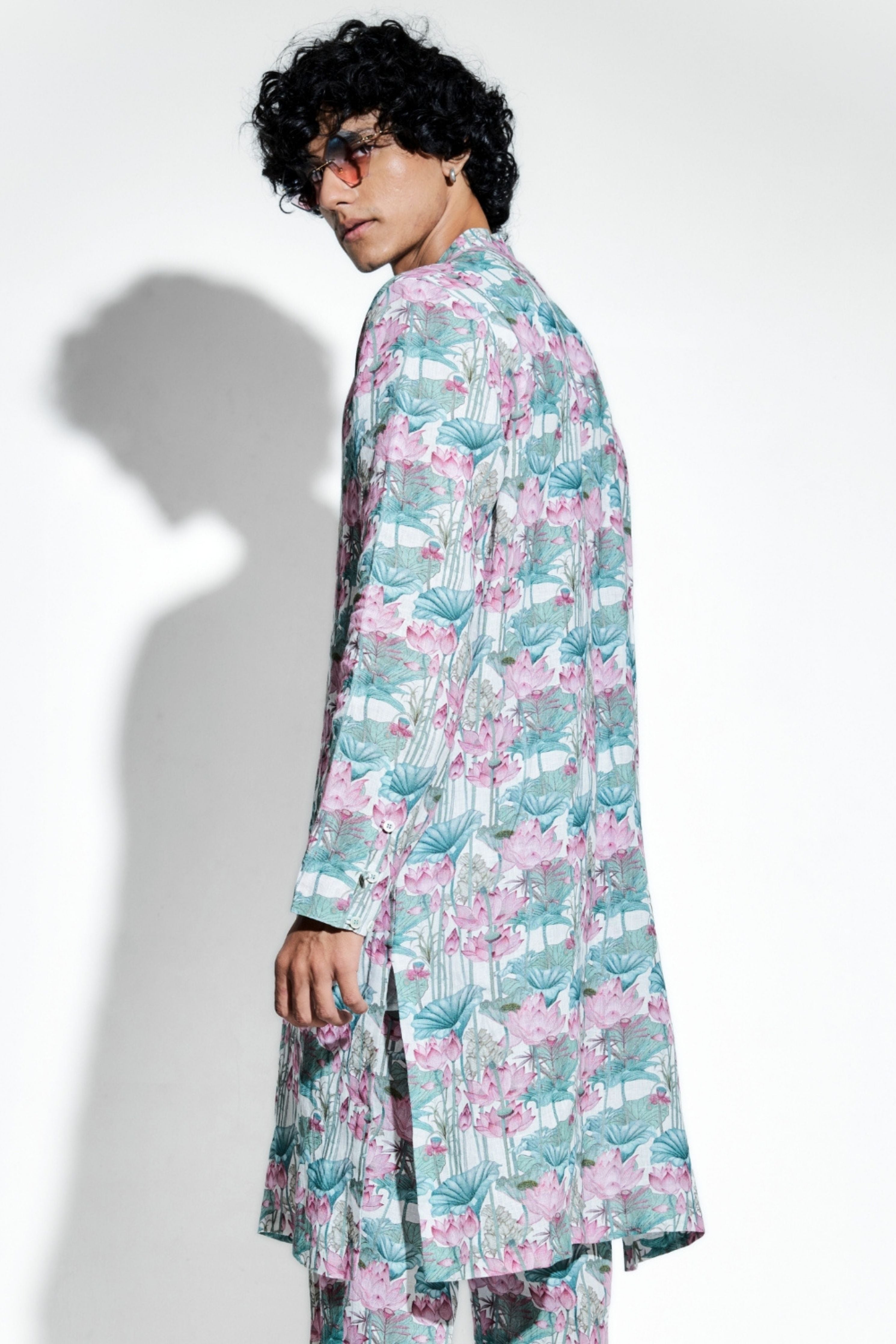Kunala Lotus Printed Linen Kurta Set