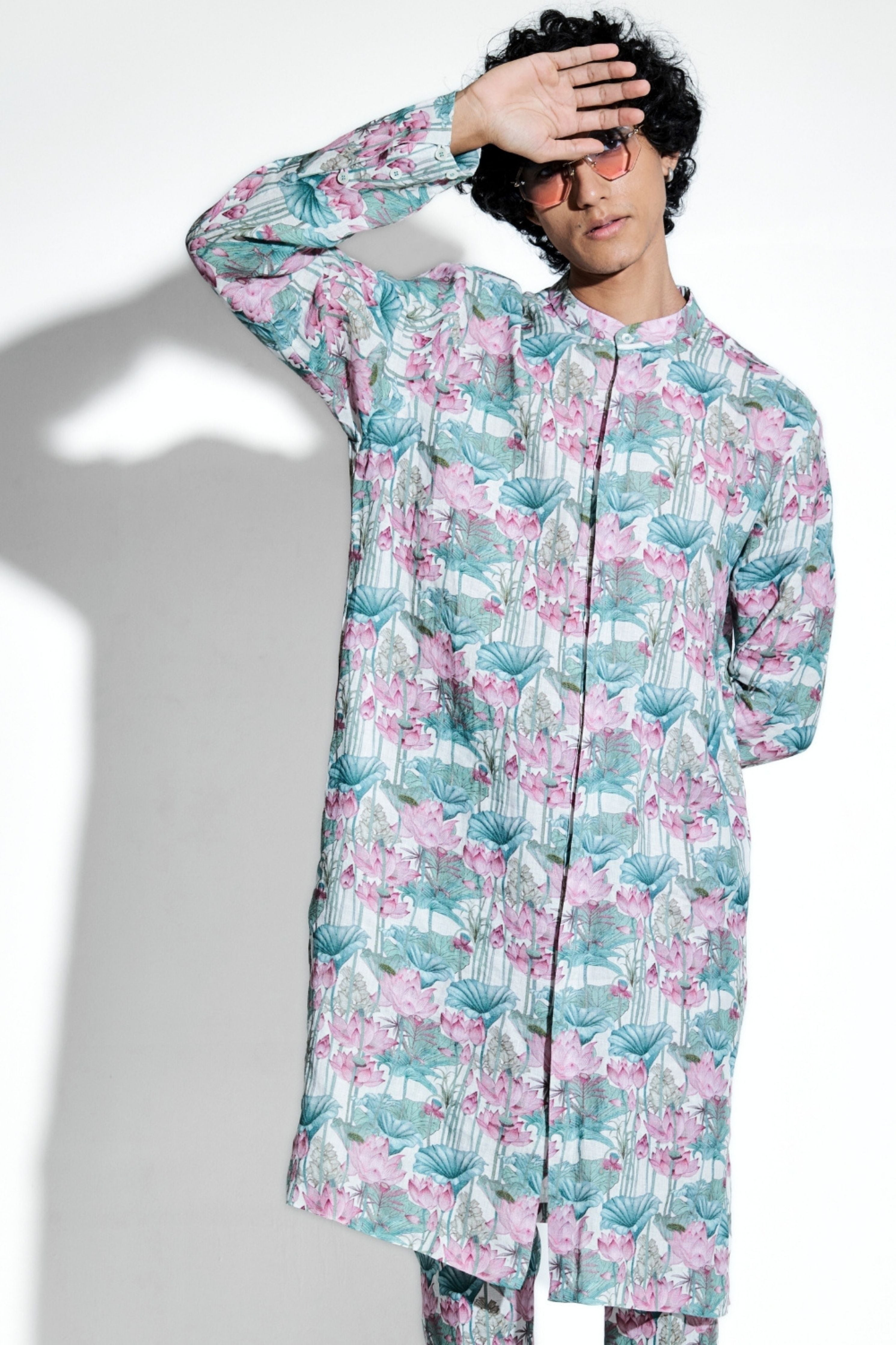 Kunala Lotus Printed Linen Kurta Set