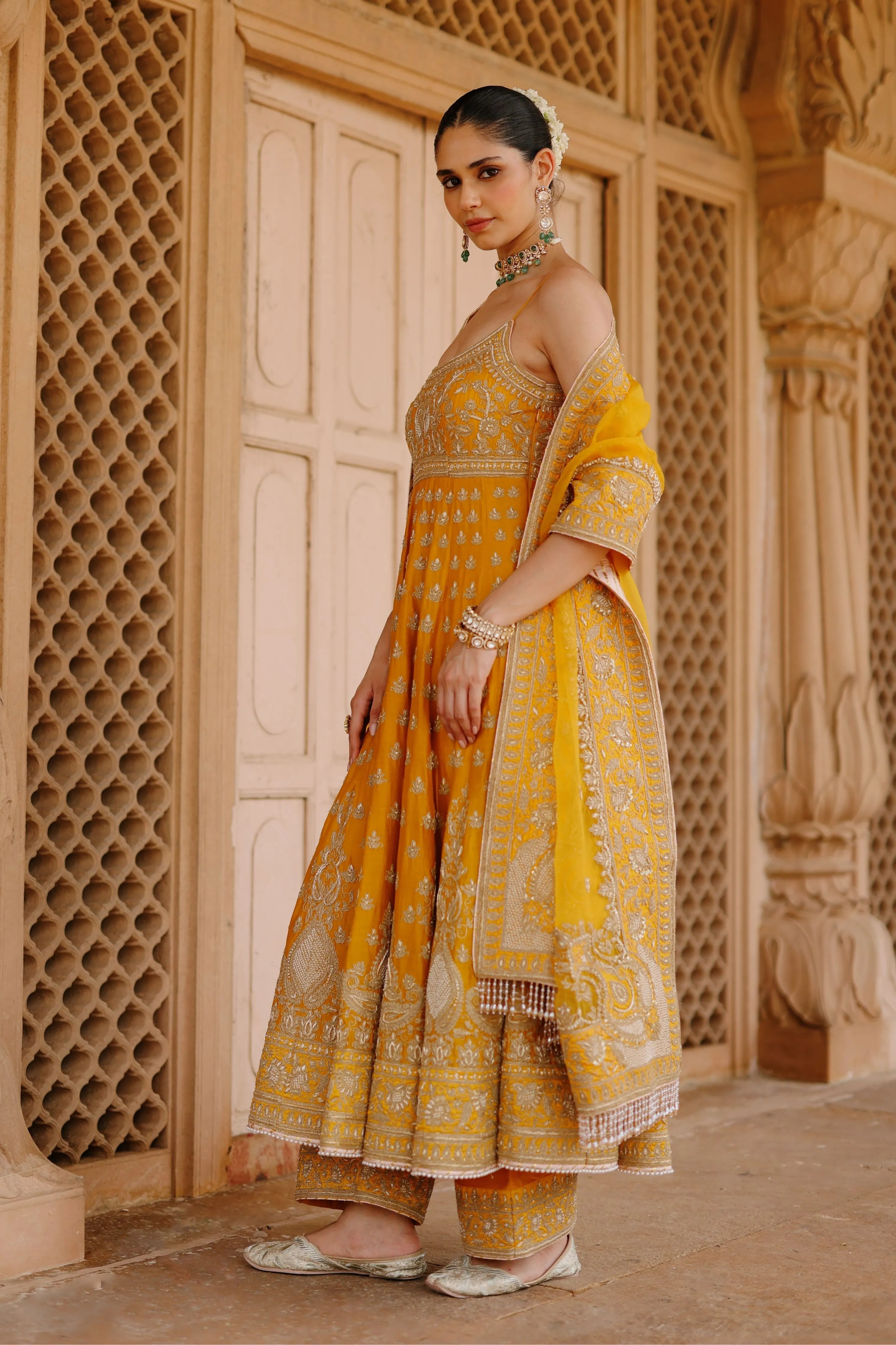 Afraa  Mustard Anarkali Set with Palazzo & Dupatta