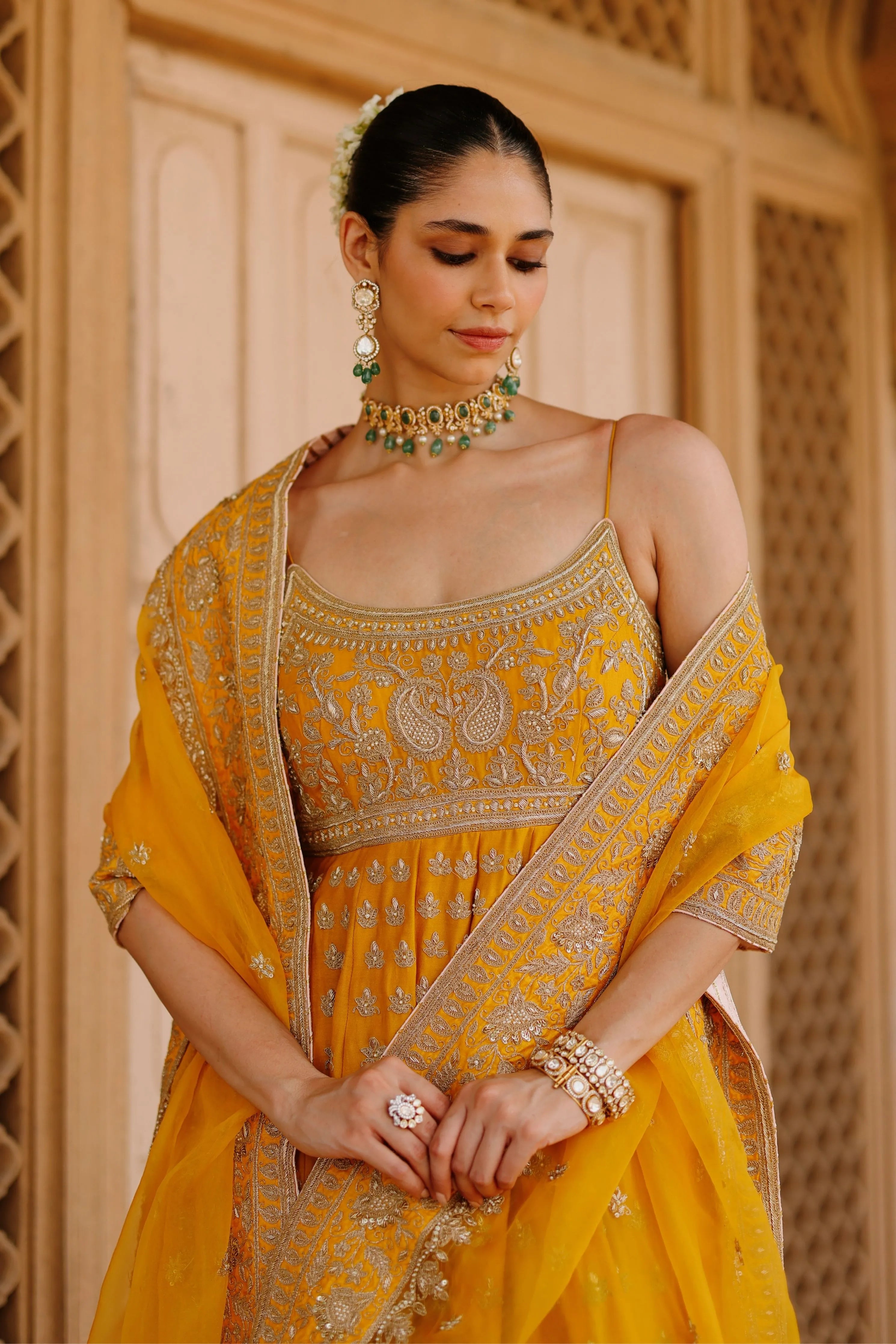 Afraa  Mustard Anarkali Set with Palazzo & Dupatta