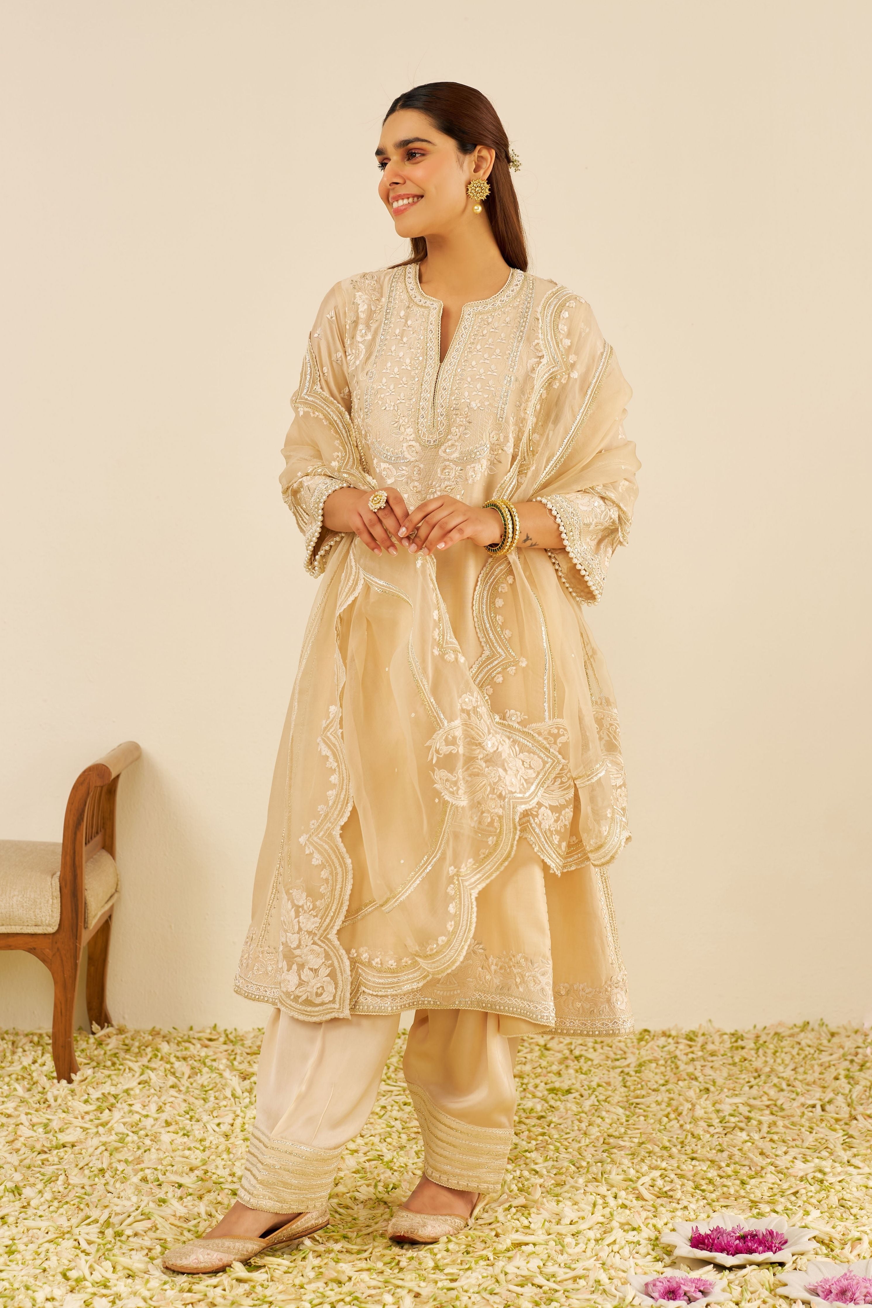 Maaroofa Beige Long Chauga Set With Dupatta