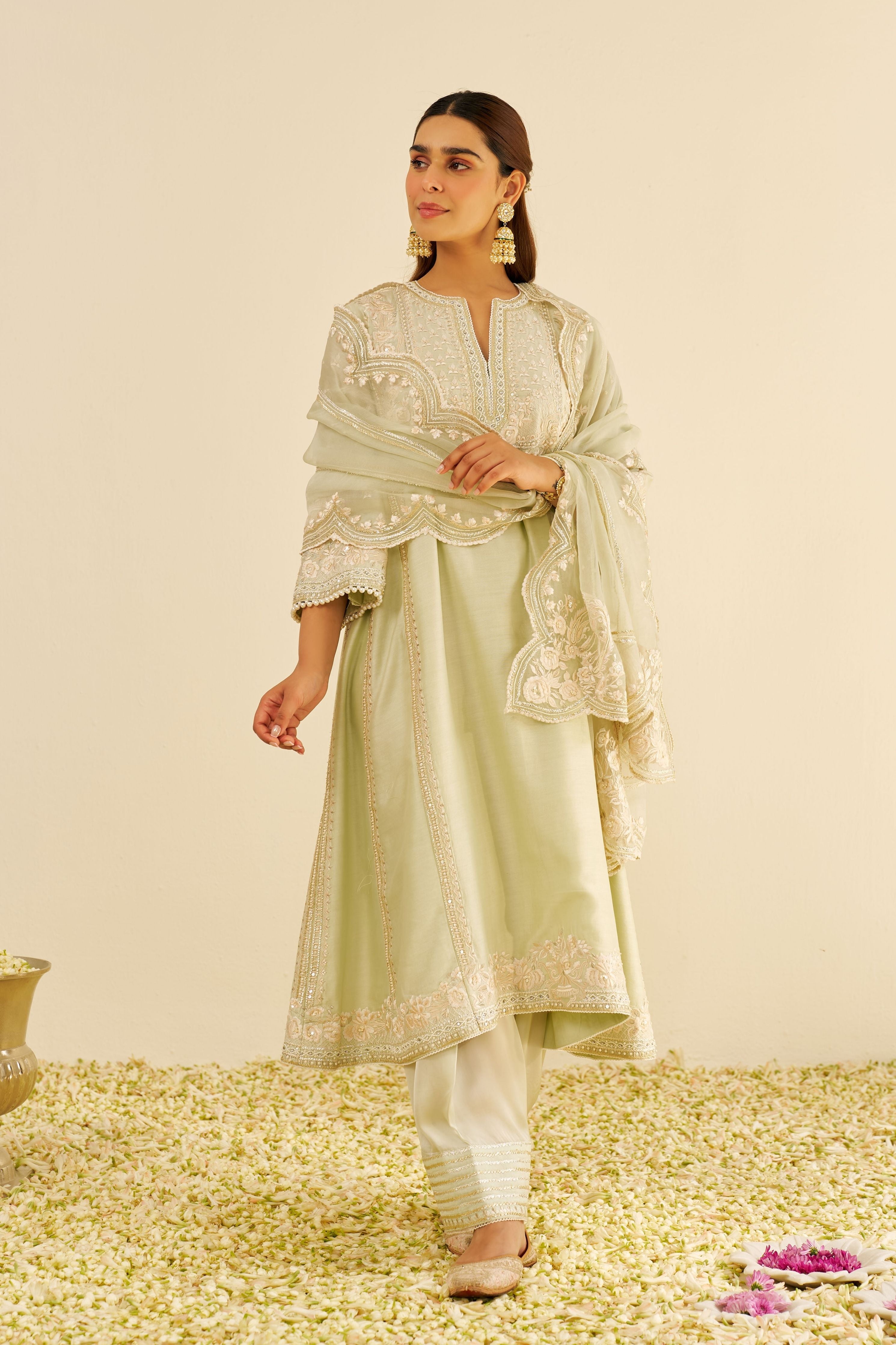 Mint Green Long Chauga Set With Dupatta