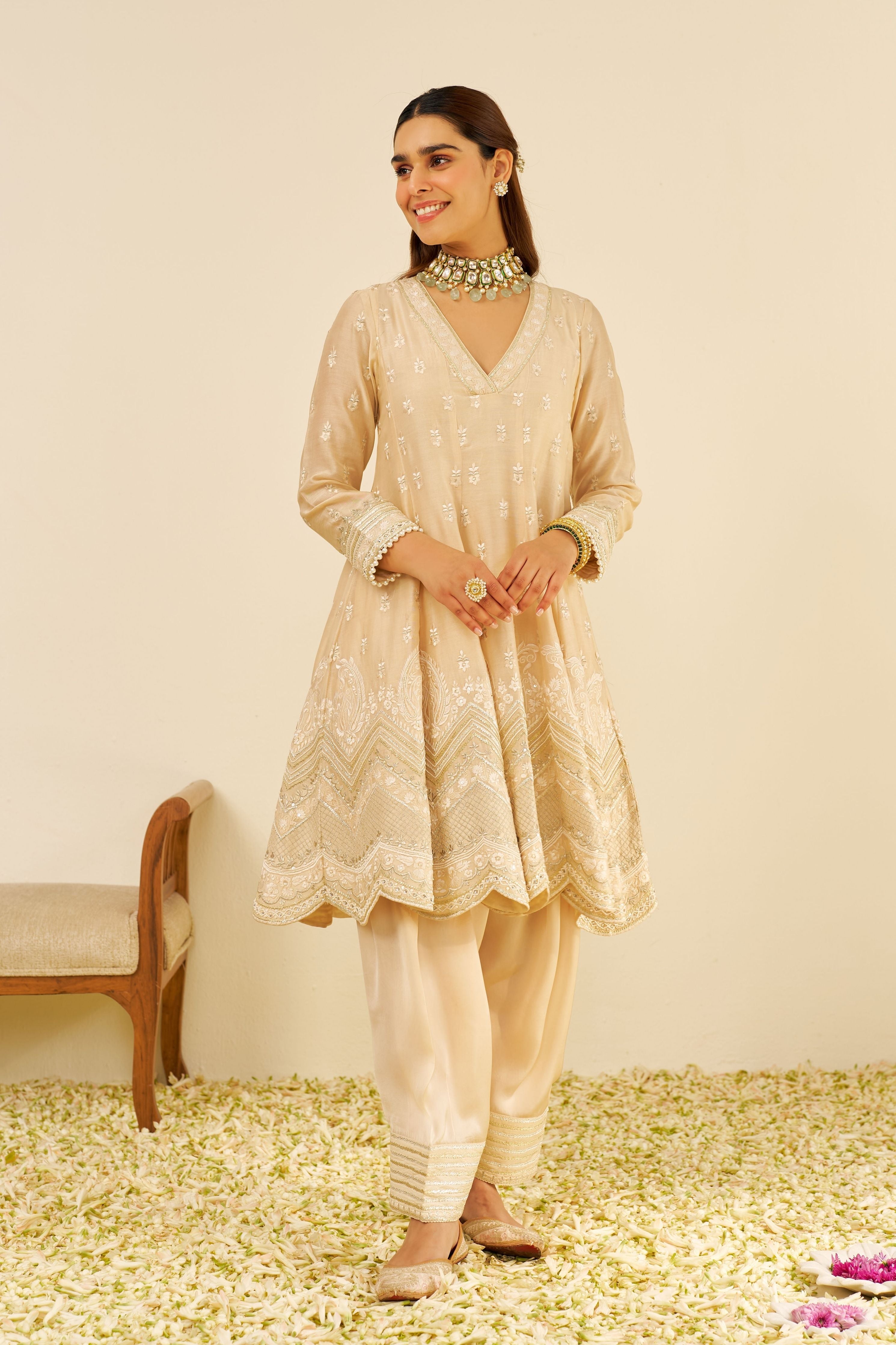 Meeram  Short Beige Anarkali Set With Dupatta