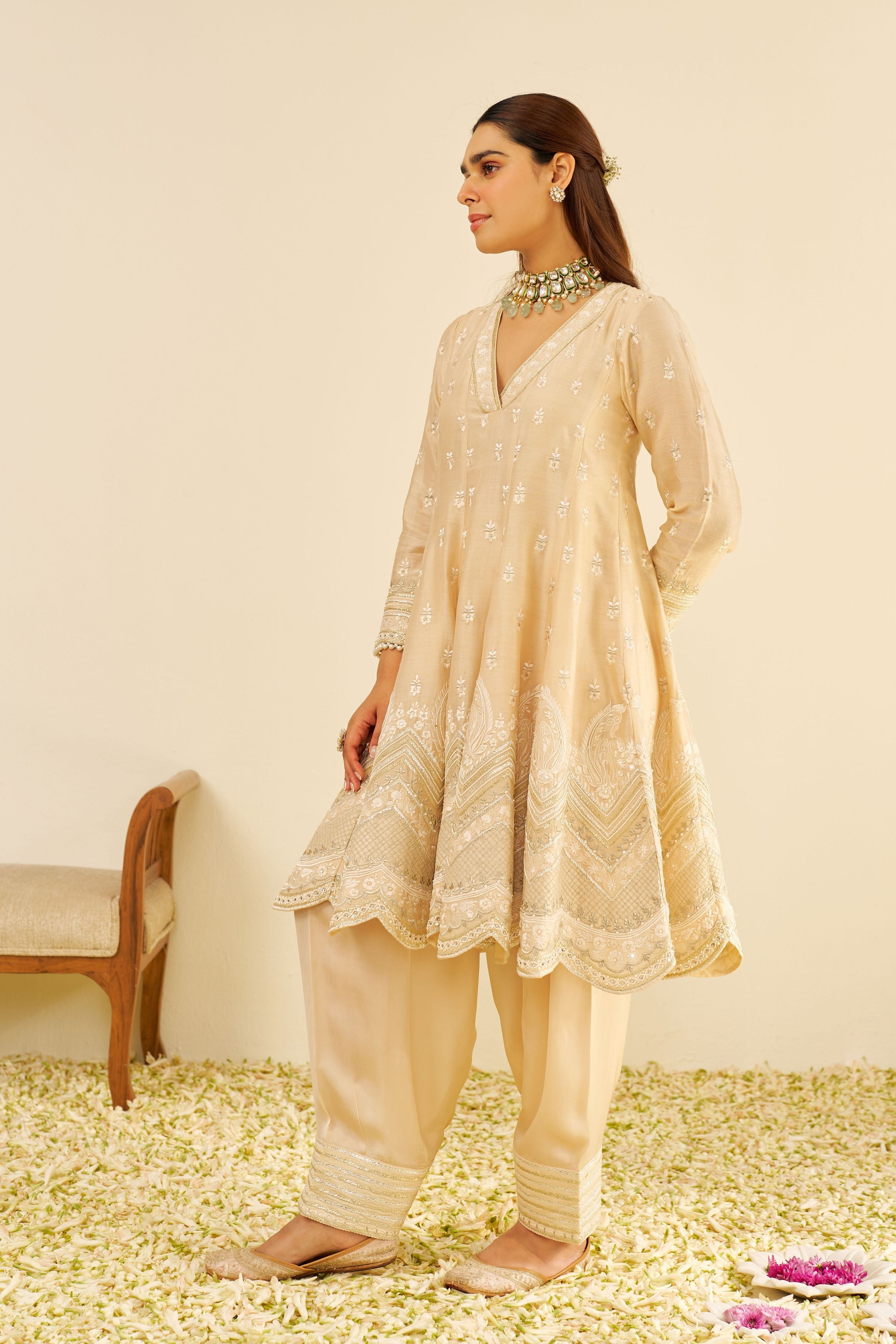 Meeram  Short Beige Anarkali Set With Dupatta