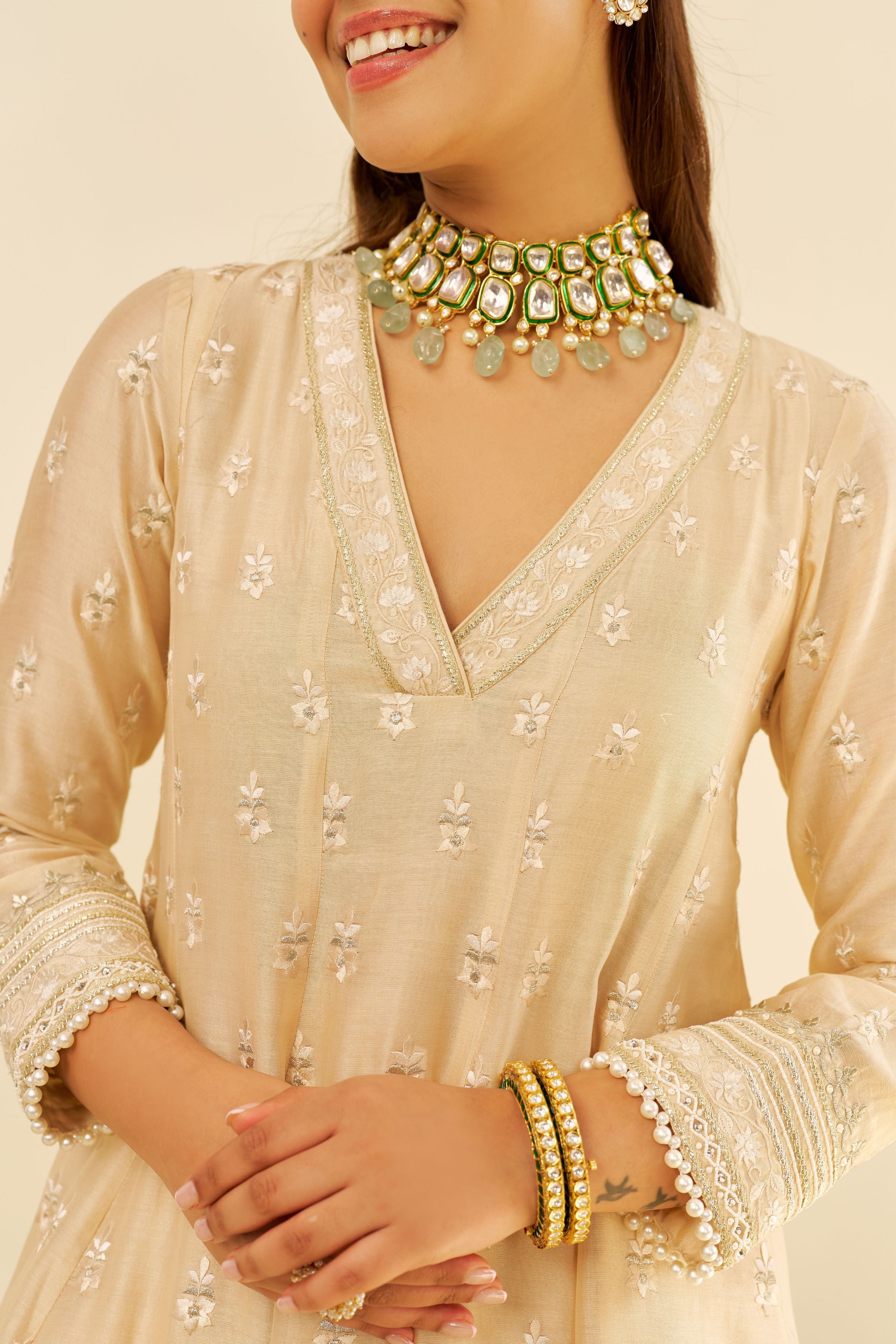 Meeram  Short Beige Anarkali Set With Dupatta