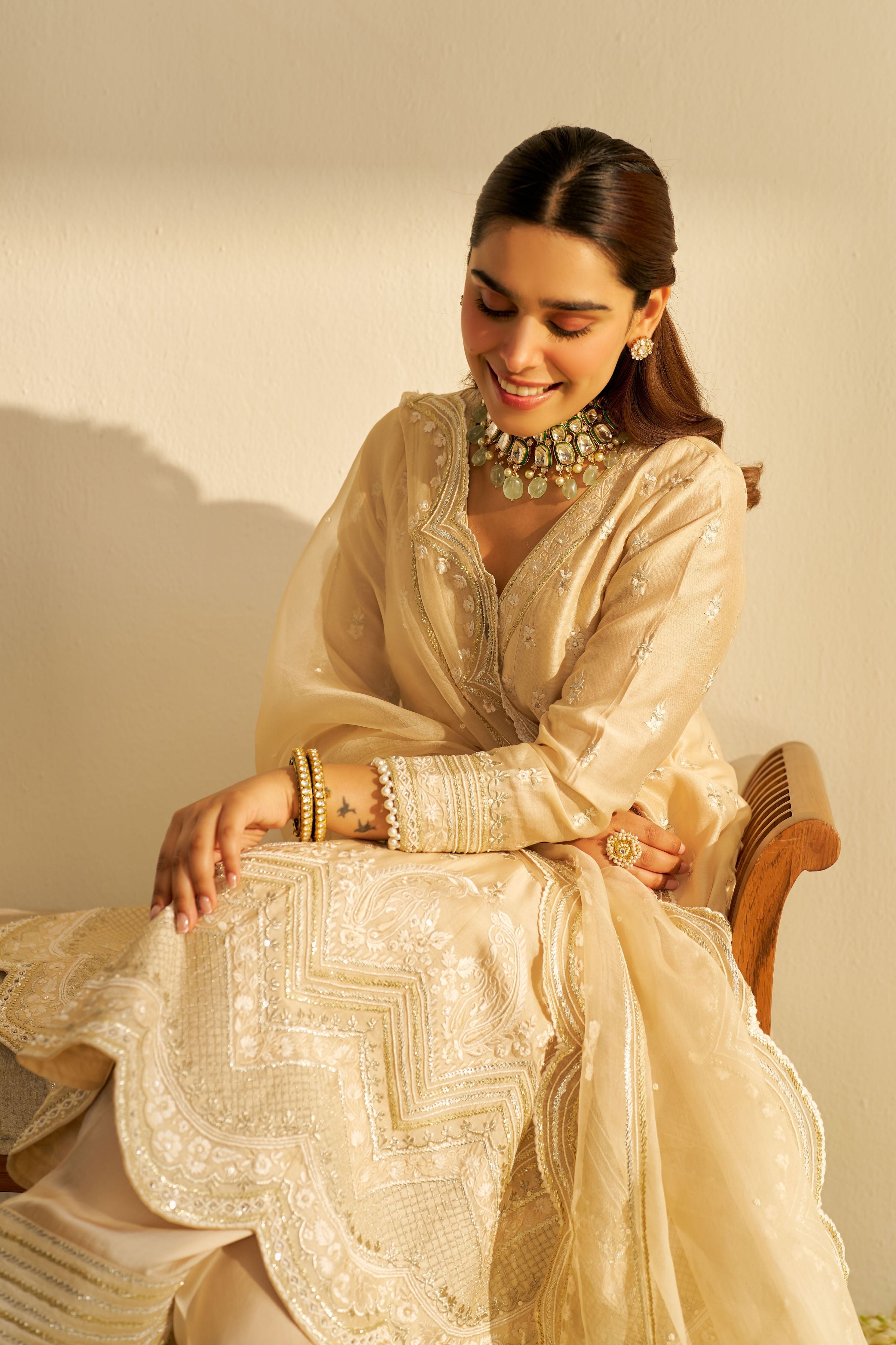 Meeram  Short Beige Anarkali Set With Dupatta