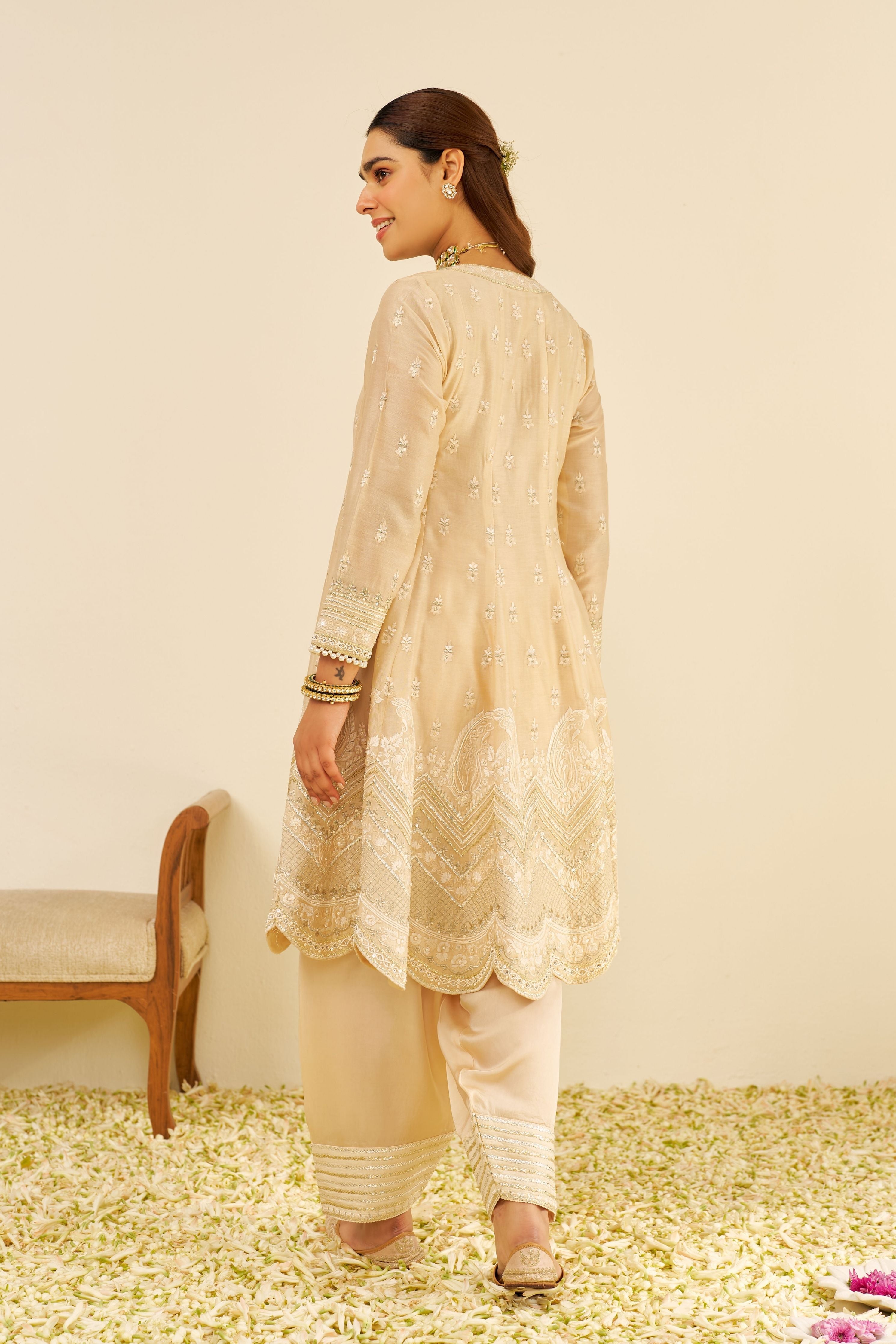 Meeram  Short Beige Anarkali Set With Dupatta