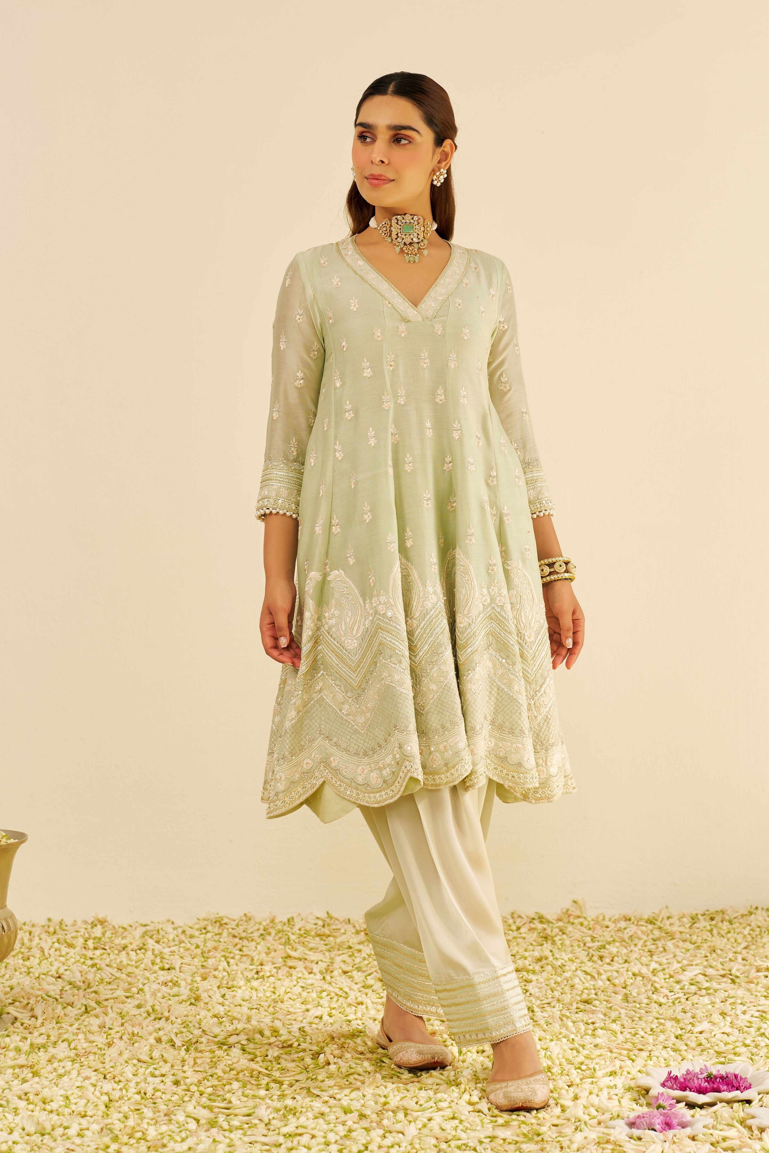 Meeram Short Mint Green Anarkali Set