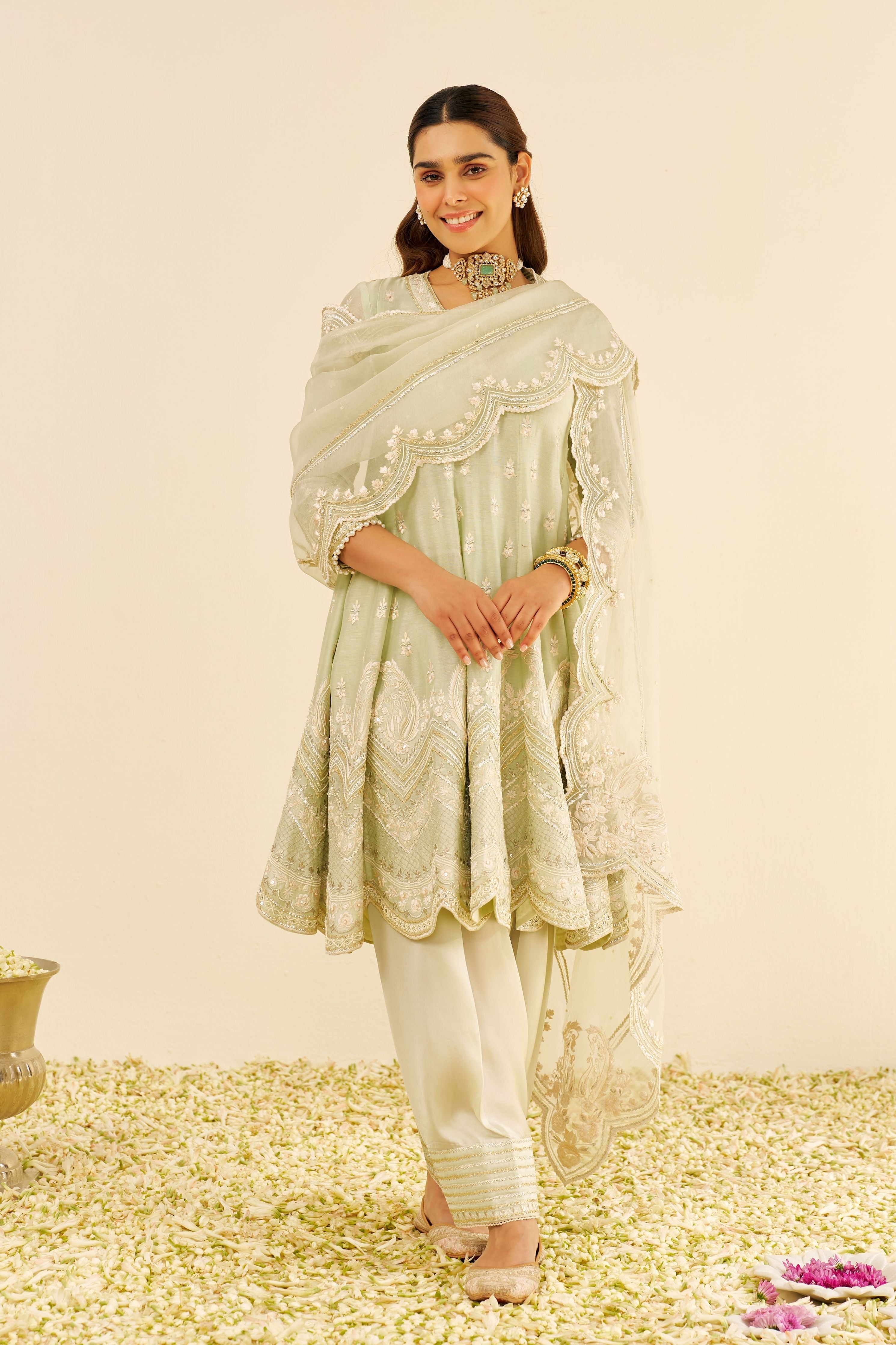 Meeram Short Mint Green Anarkali Set