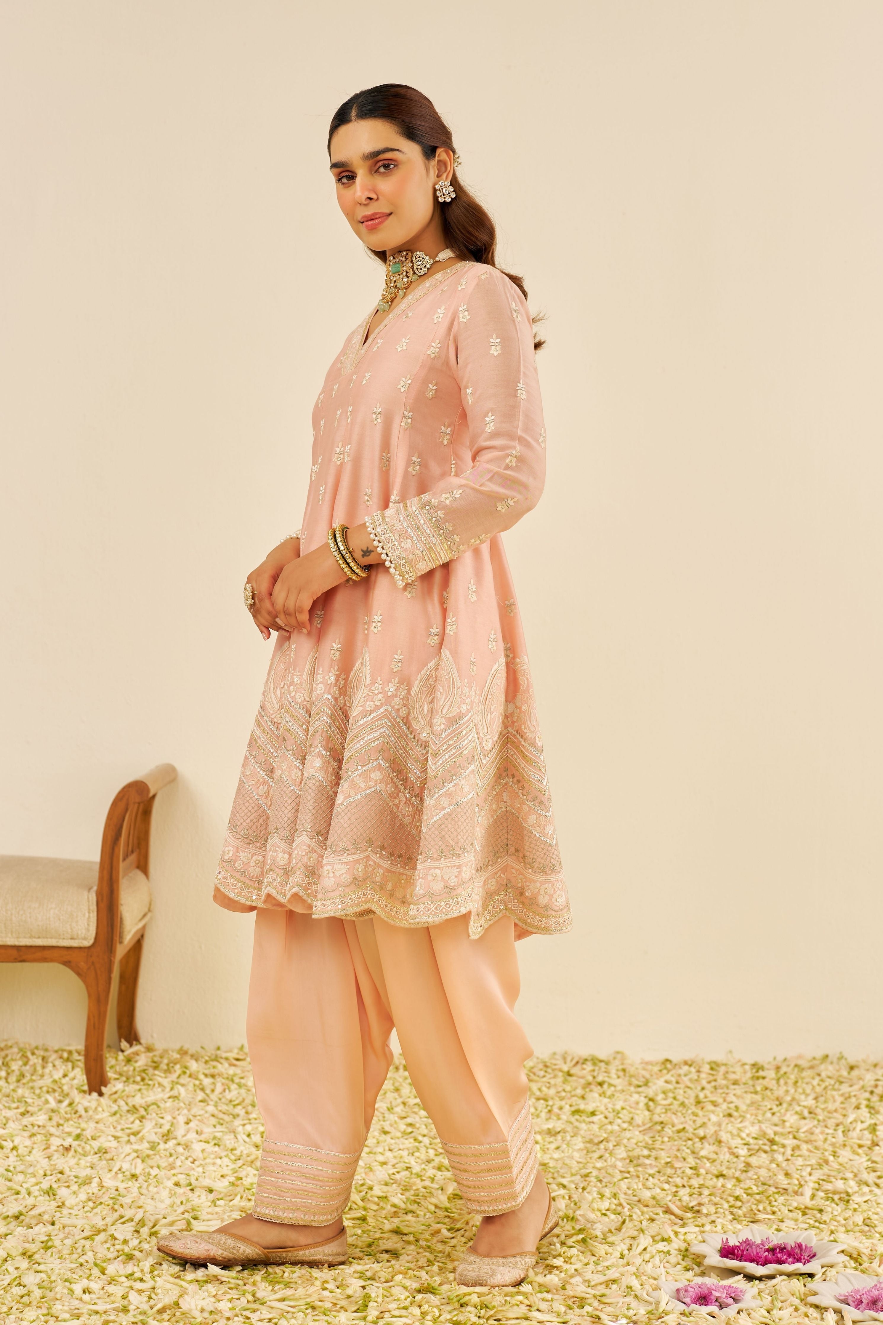 Meeram Short Off Rose Anarkali Set With Dupatta