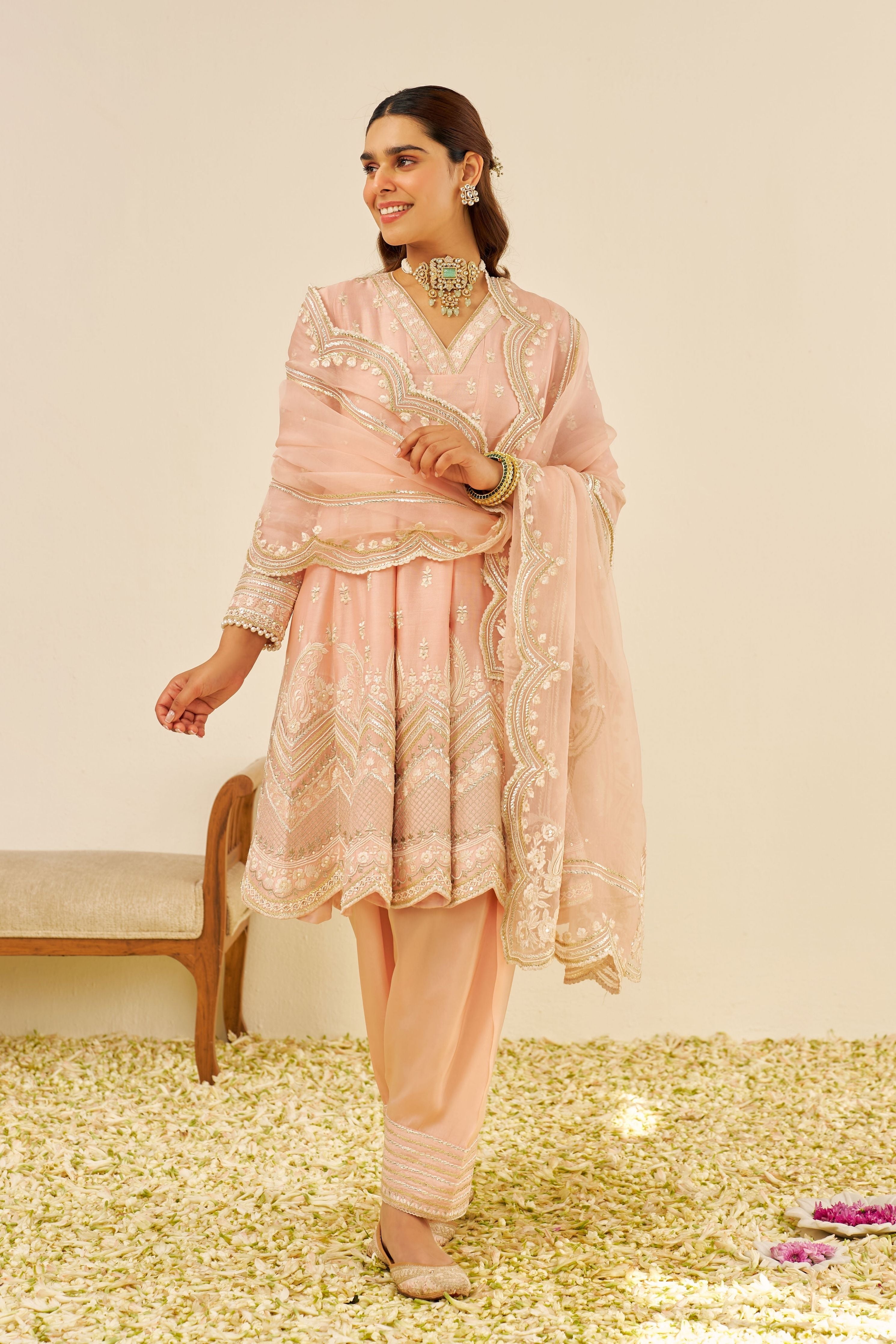 Meeram Short Off Rose Anarkali Set With Dupatta