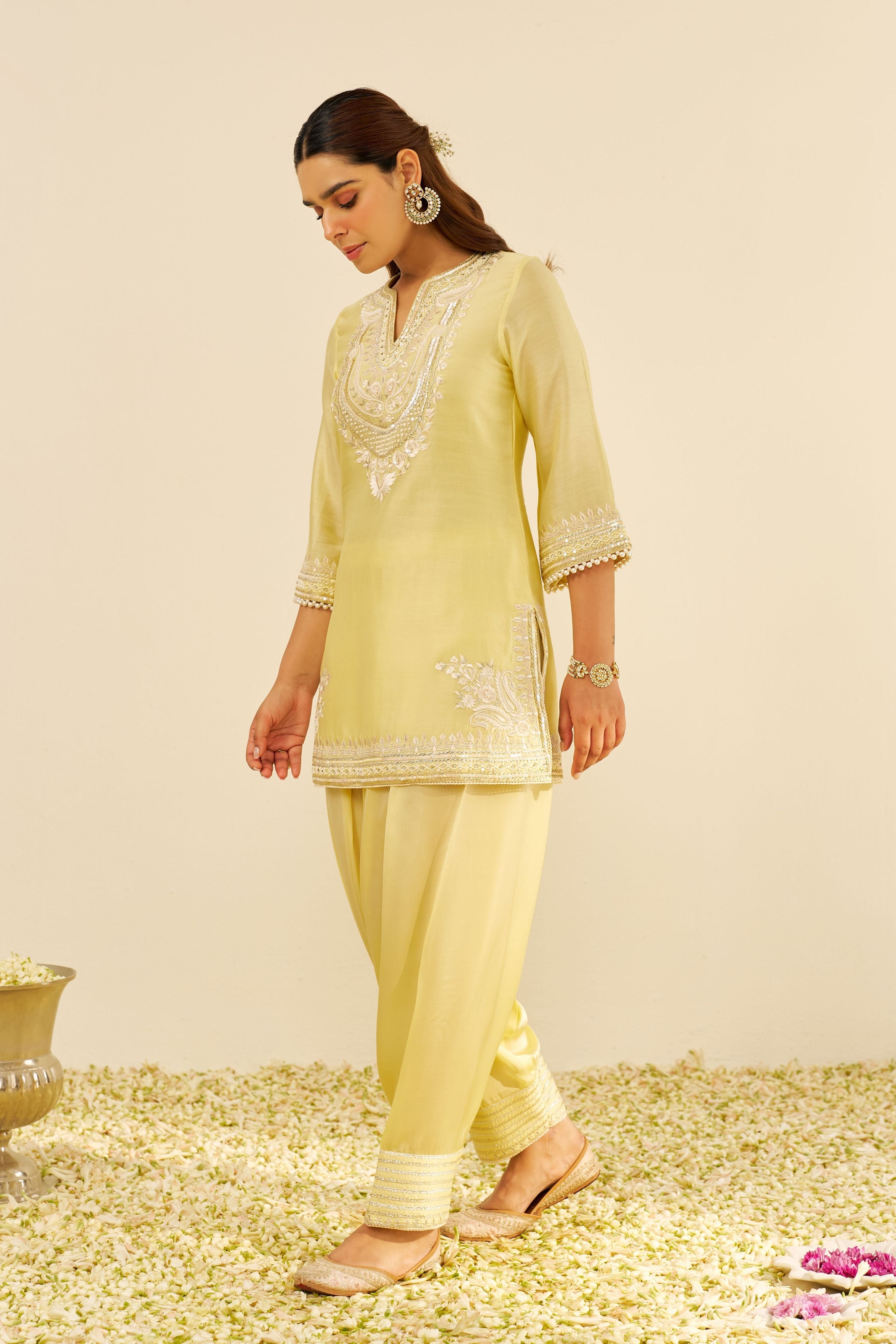 Sara Lemon Yellow Short Kurta Set With Dupatta