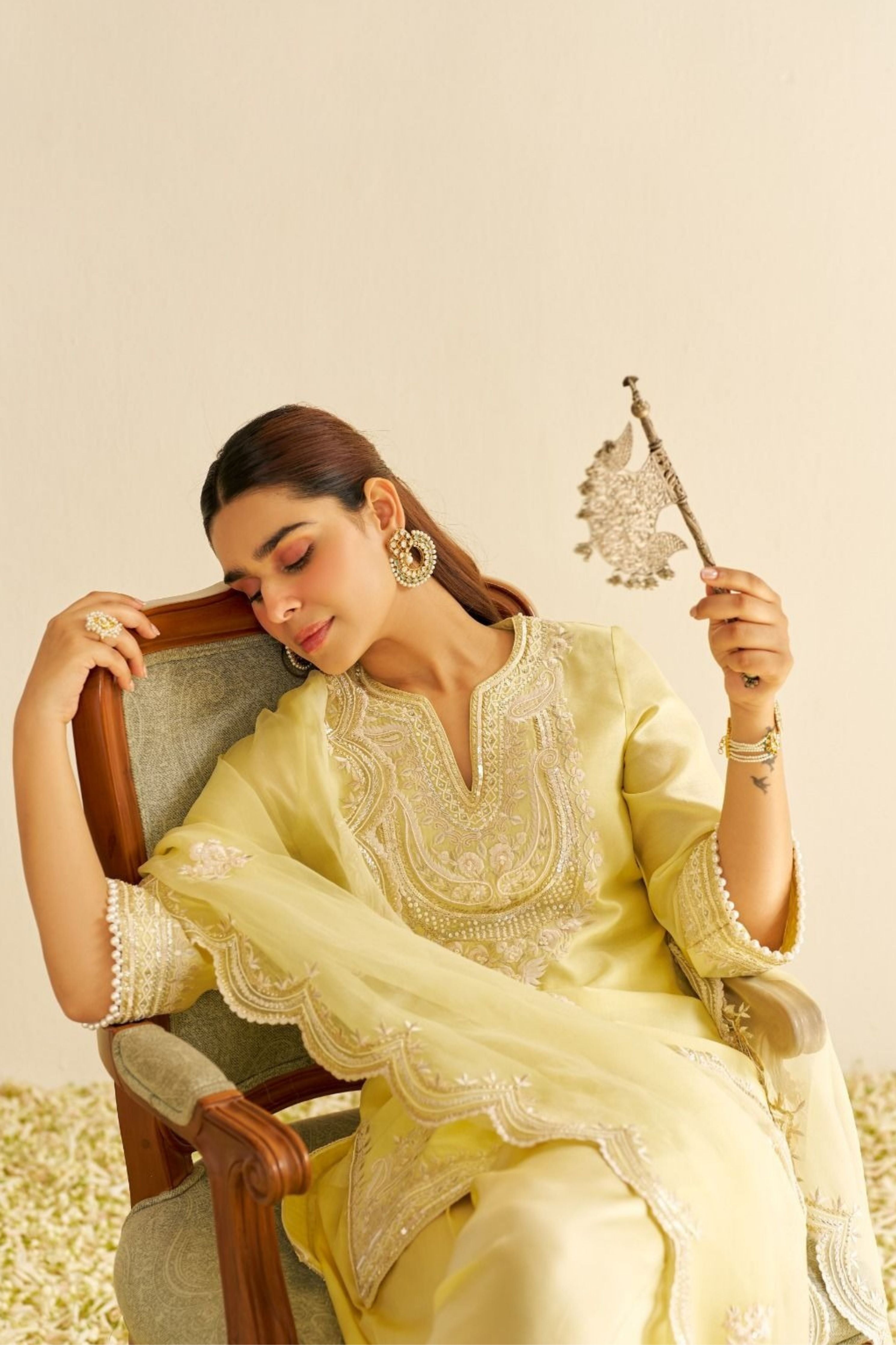 Sara Lemon Yellow Short Kurta Set With Dupatta