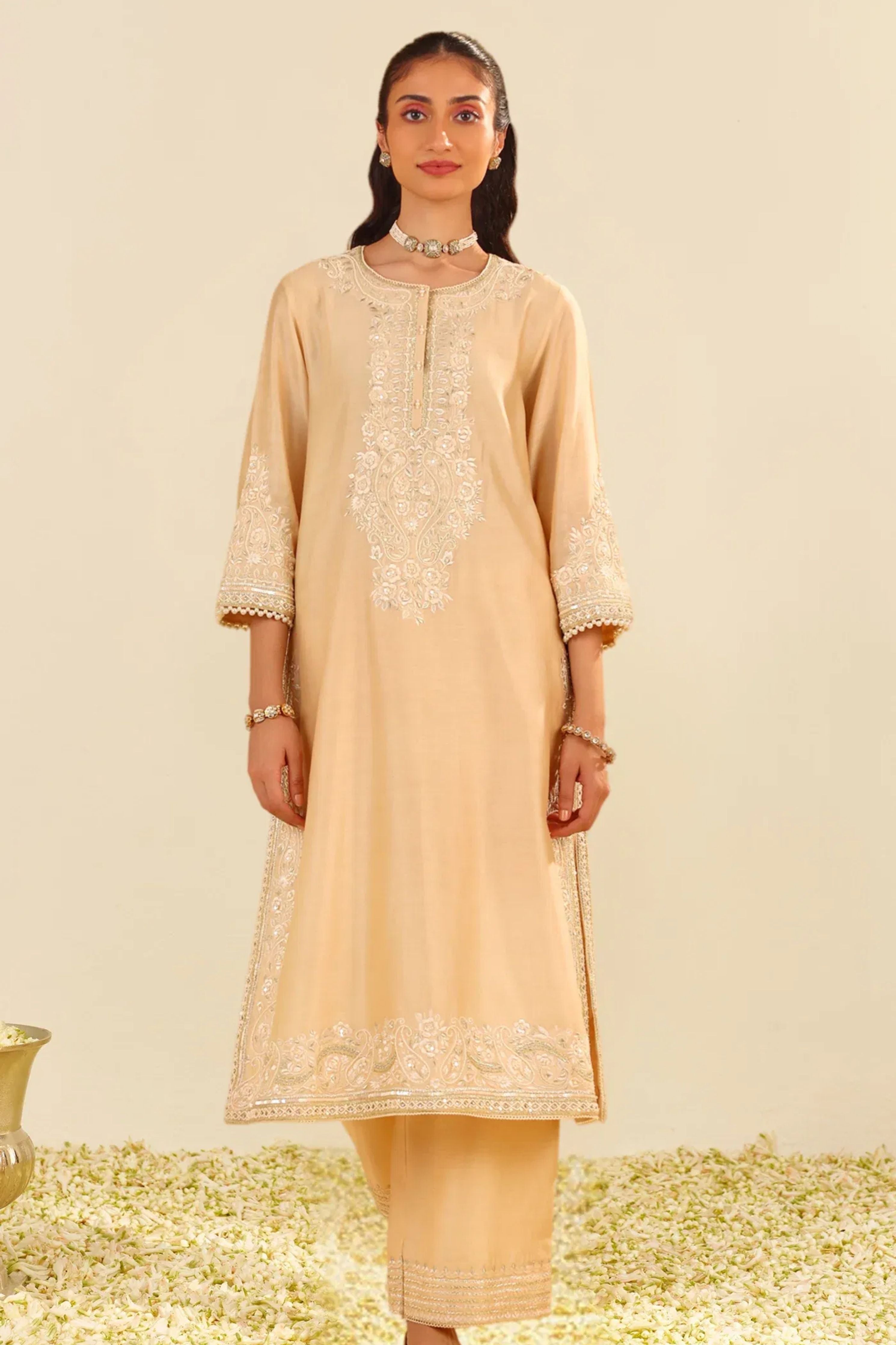 Sereen A-Line Beige Kurta Set With Dupatta