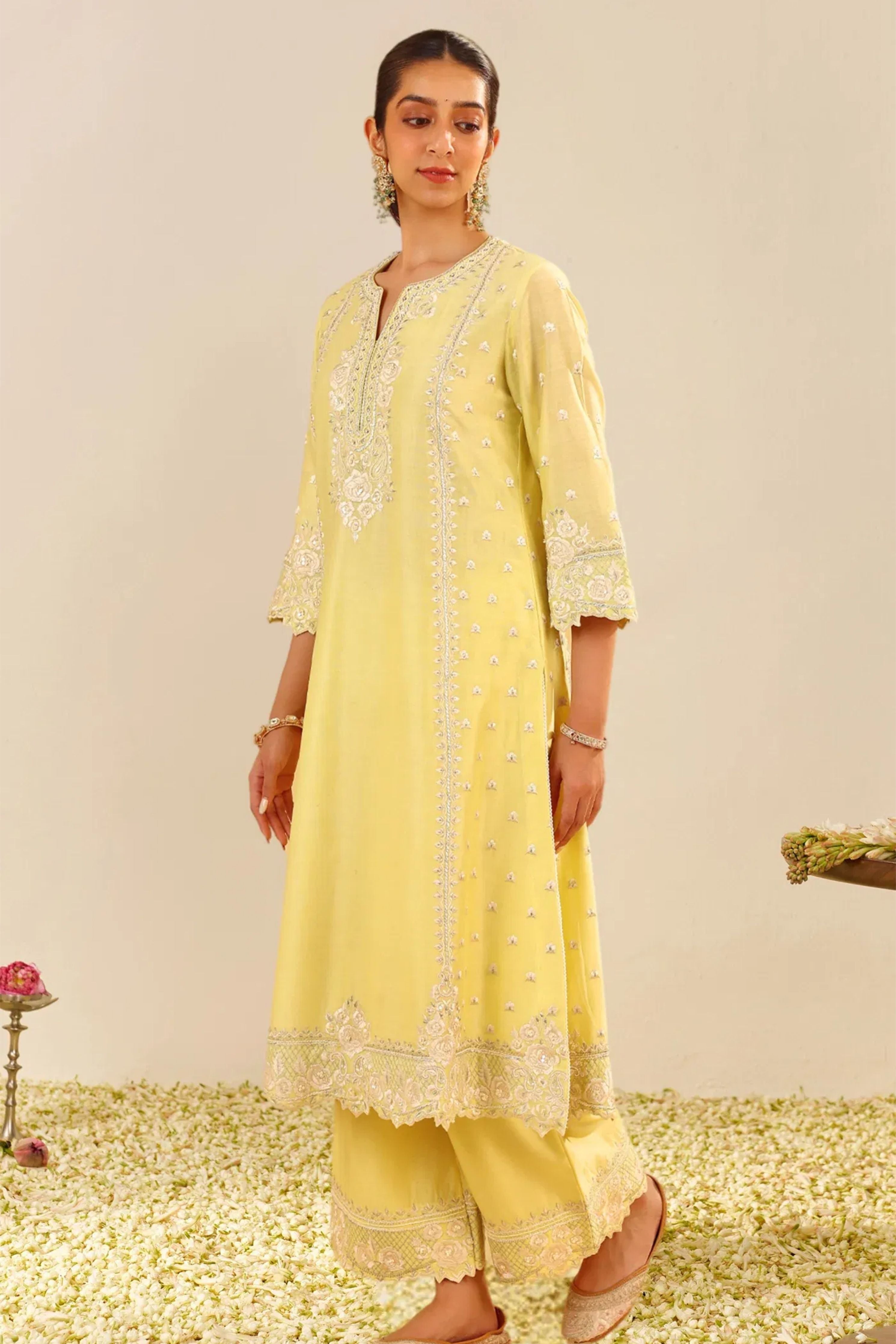 Sumaiya A-Line Lemon Yellow Kurta Set With Dupatta