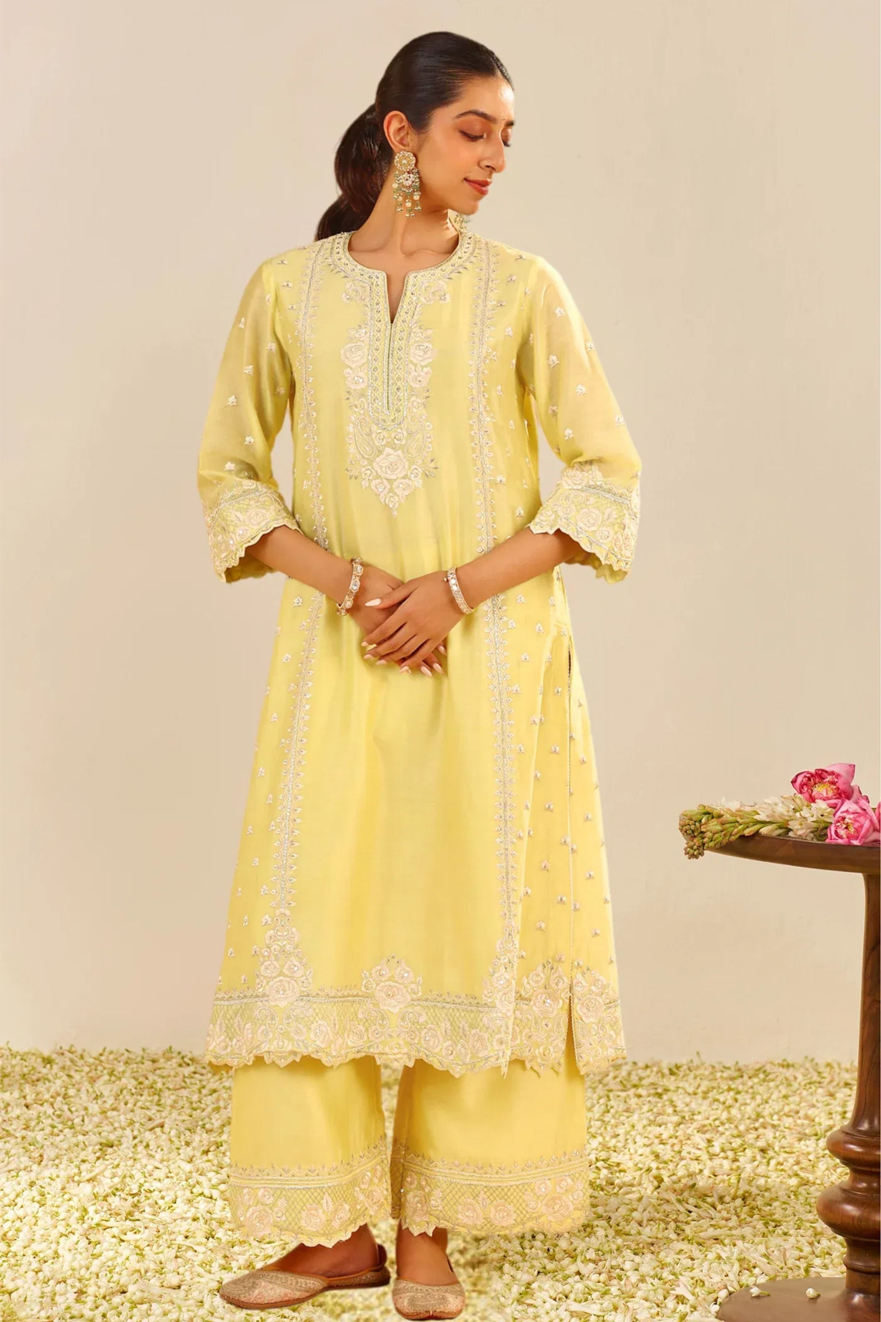 Sumaiya A-Line Lemon Yellow Kurta Set With Dupatta