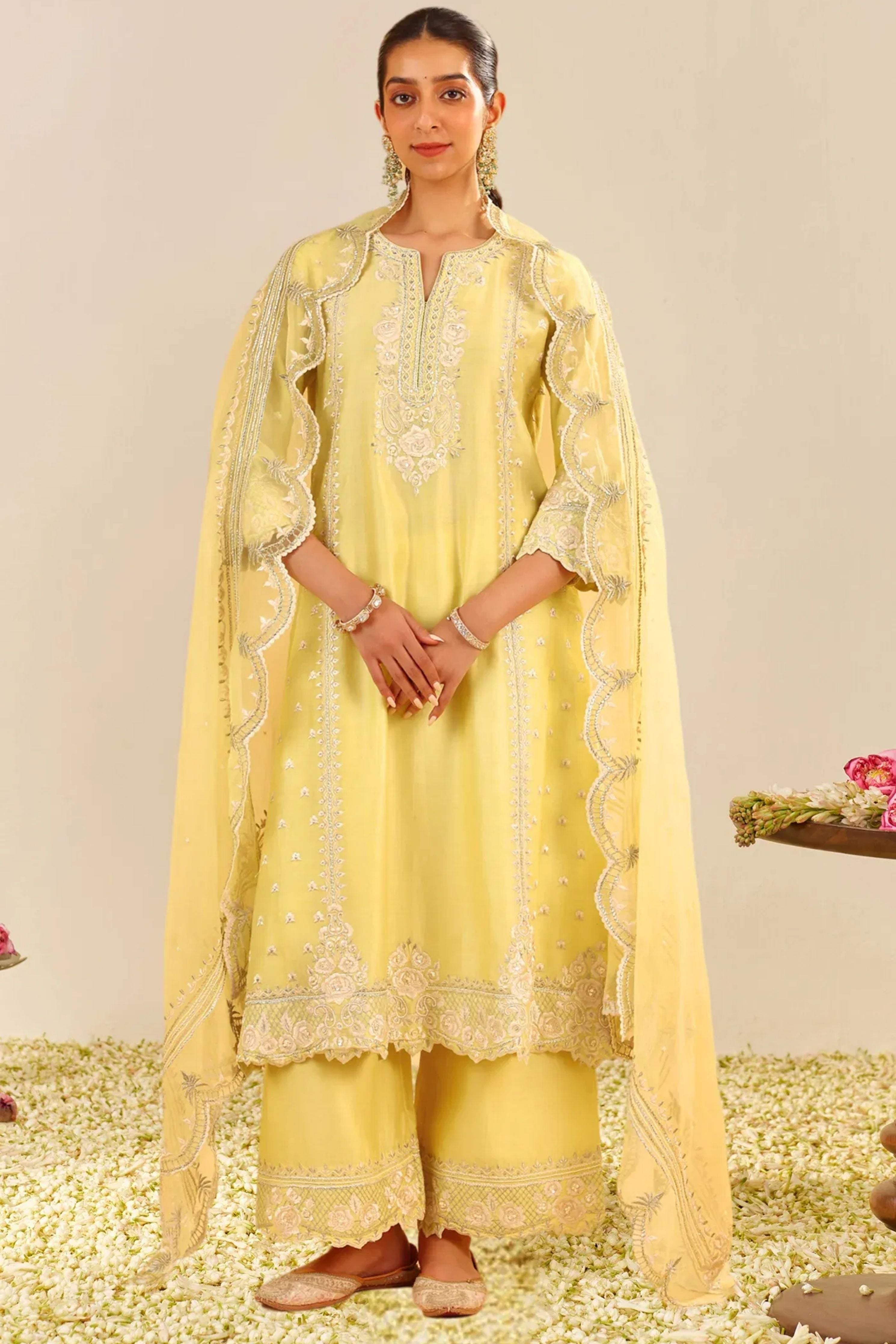 Sumaiya A-Line Lemon Yellow Kurta Set With Dupatta