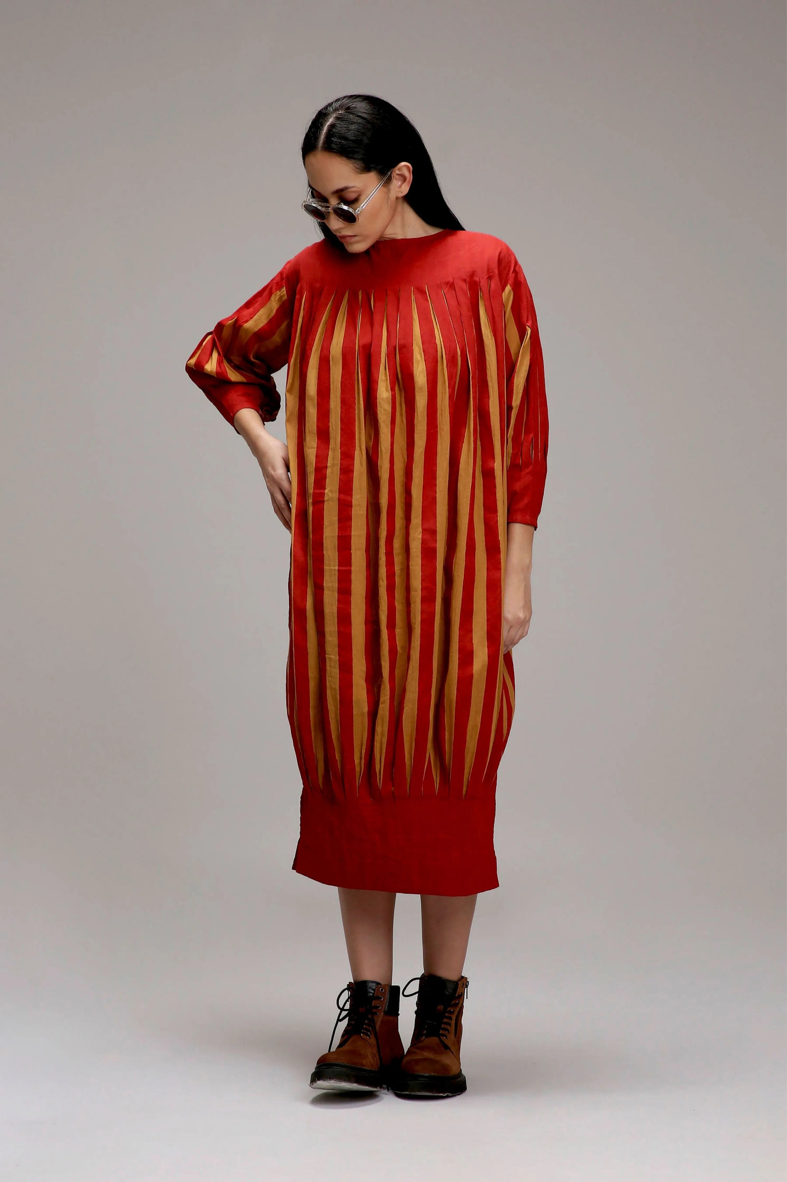 Tan-Brown Red Striped Balloon Dress