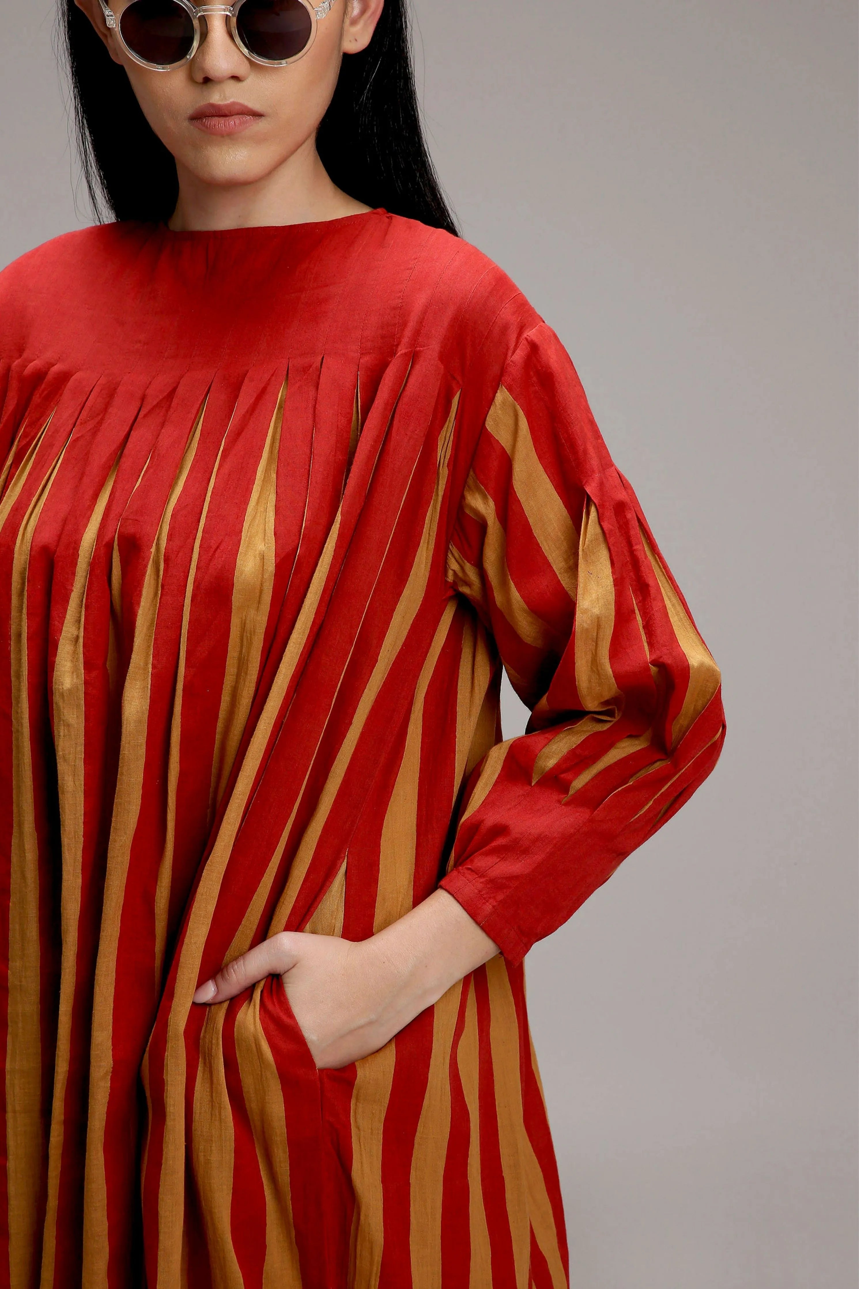 Tan-Brown Red Striped Balloon Dress