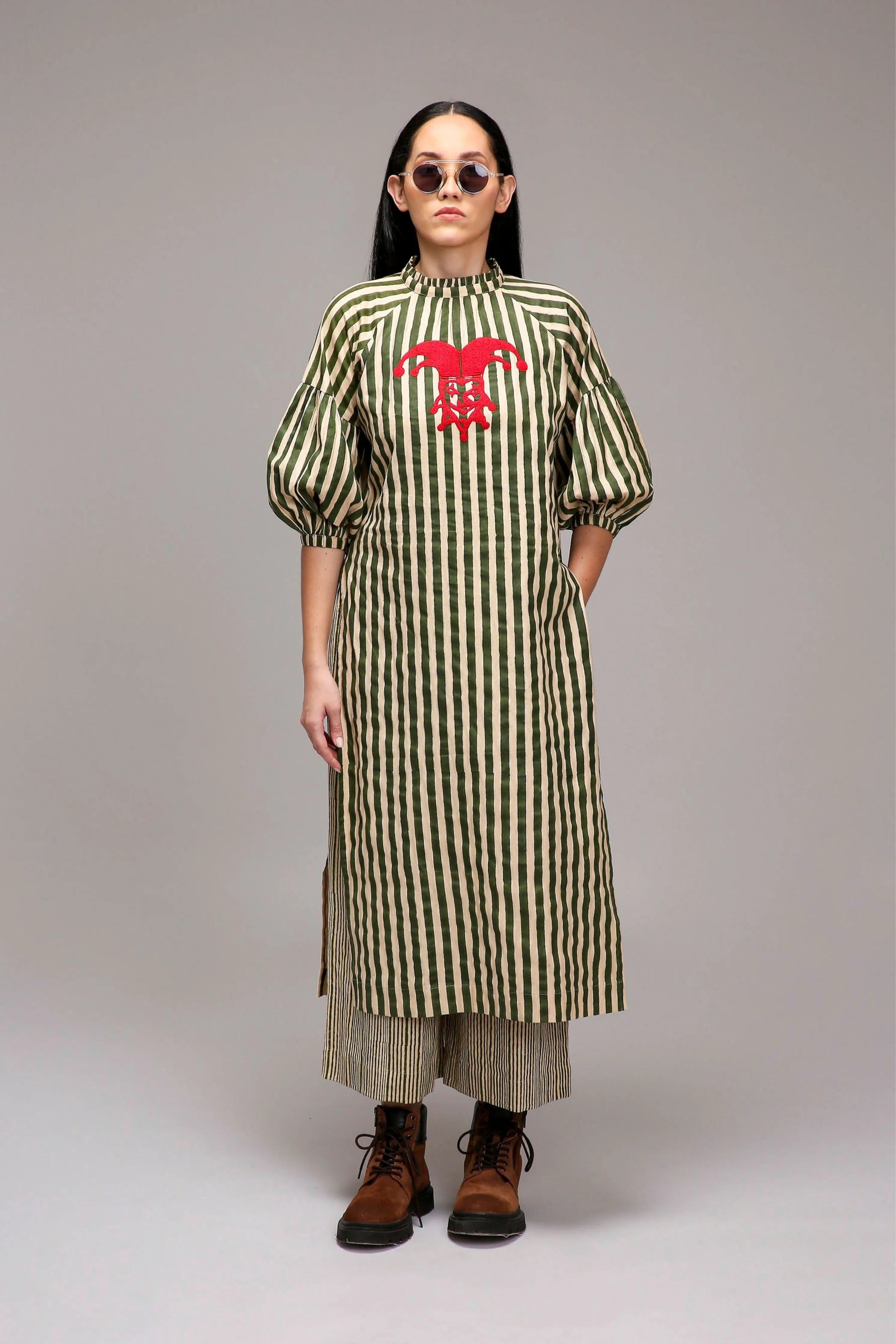 Egg-Shell Green Striped Big Joker Tunic Set