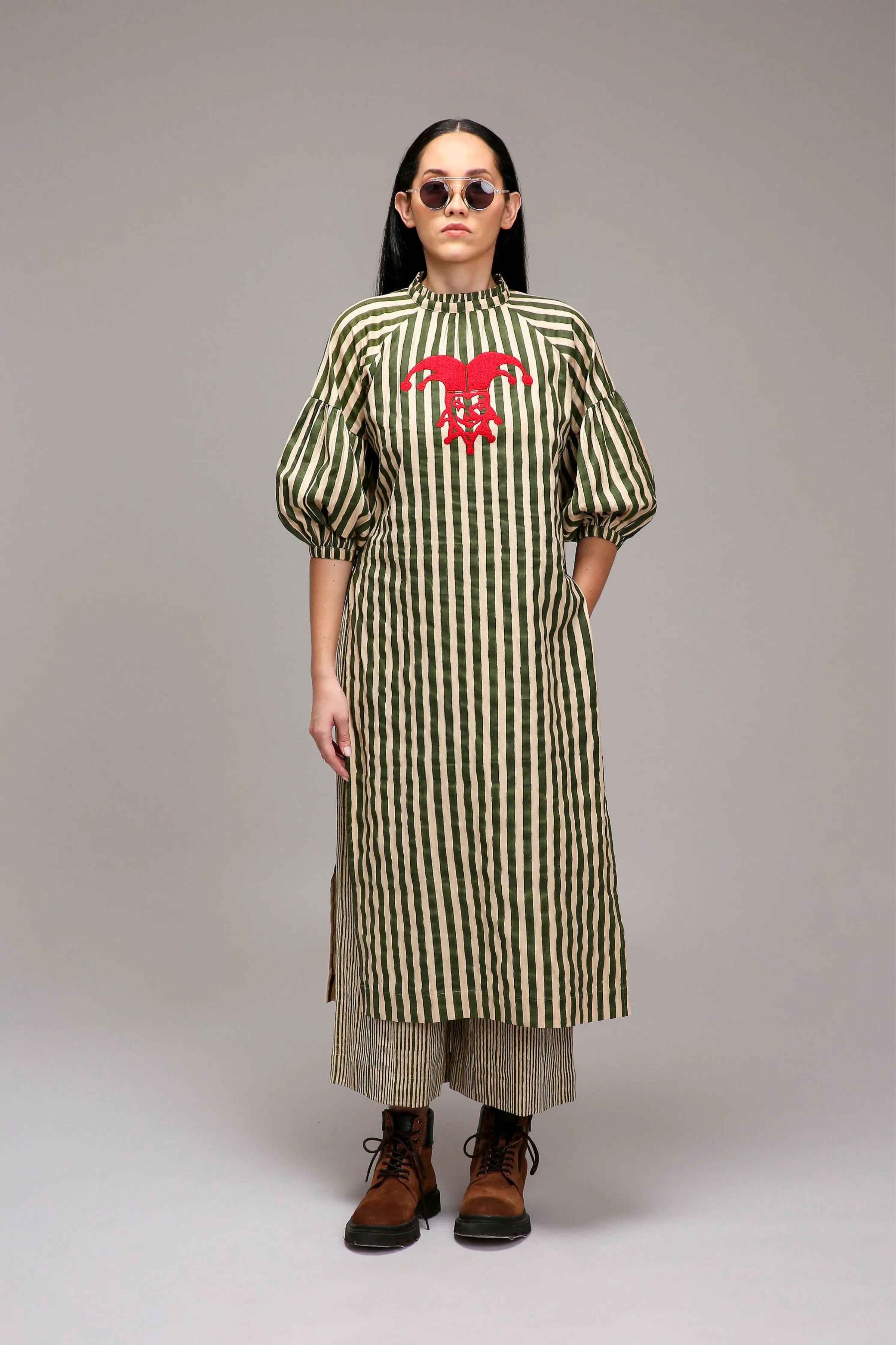 Egg-Shell Green Striped Big Joker Tunic Set