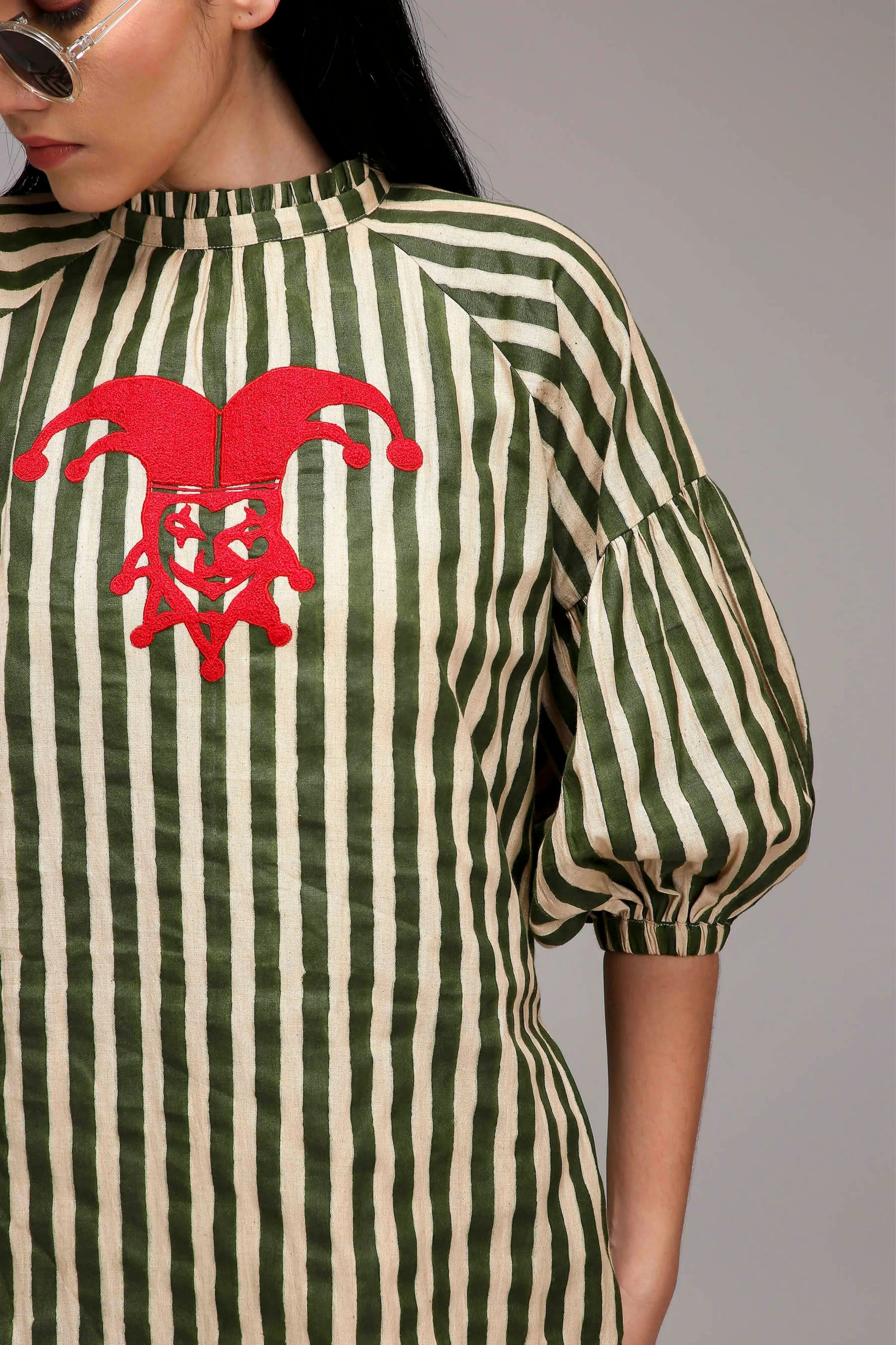Egg-Shell Green Striped Big Joker Tunic Set