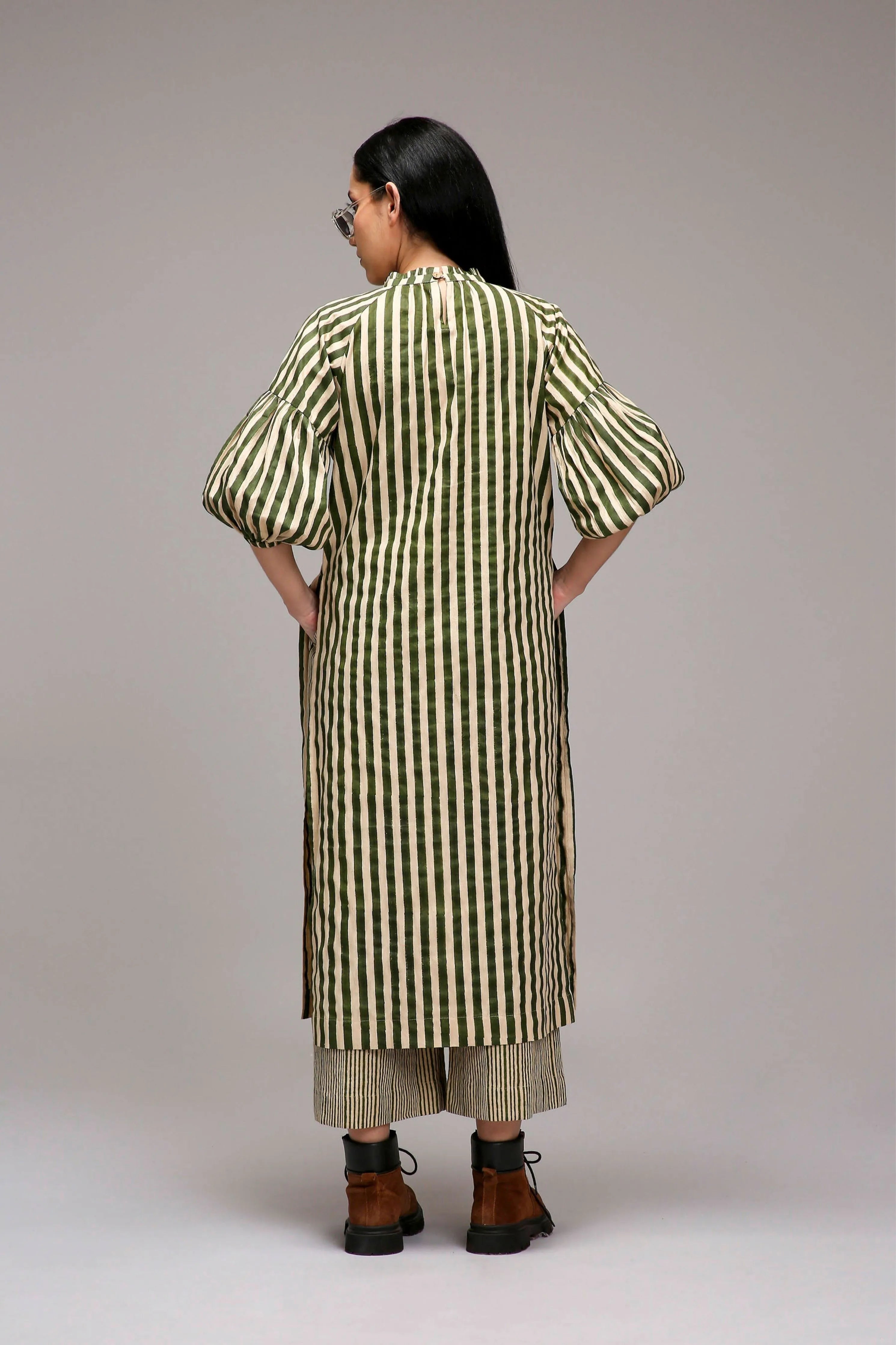 Egg-Shell Green Striped Big Joker Tunic Set