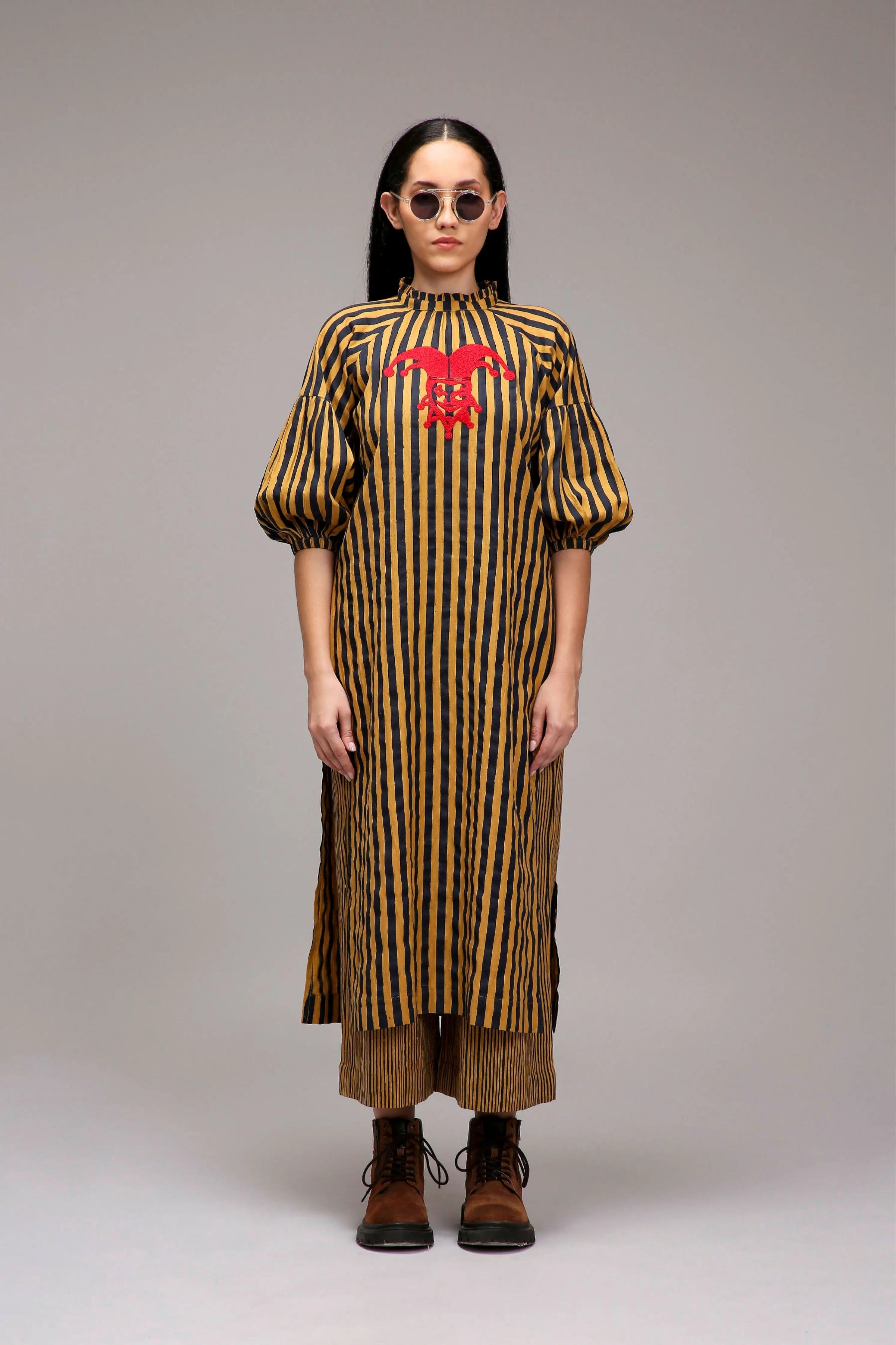 Tan-Brown Blue Striped Big Joker Tunic Set