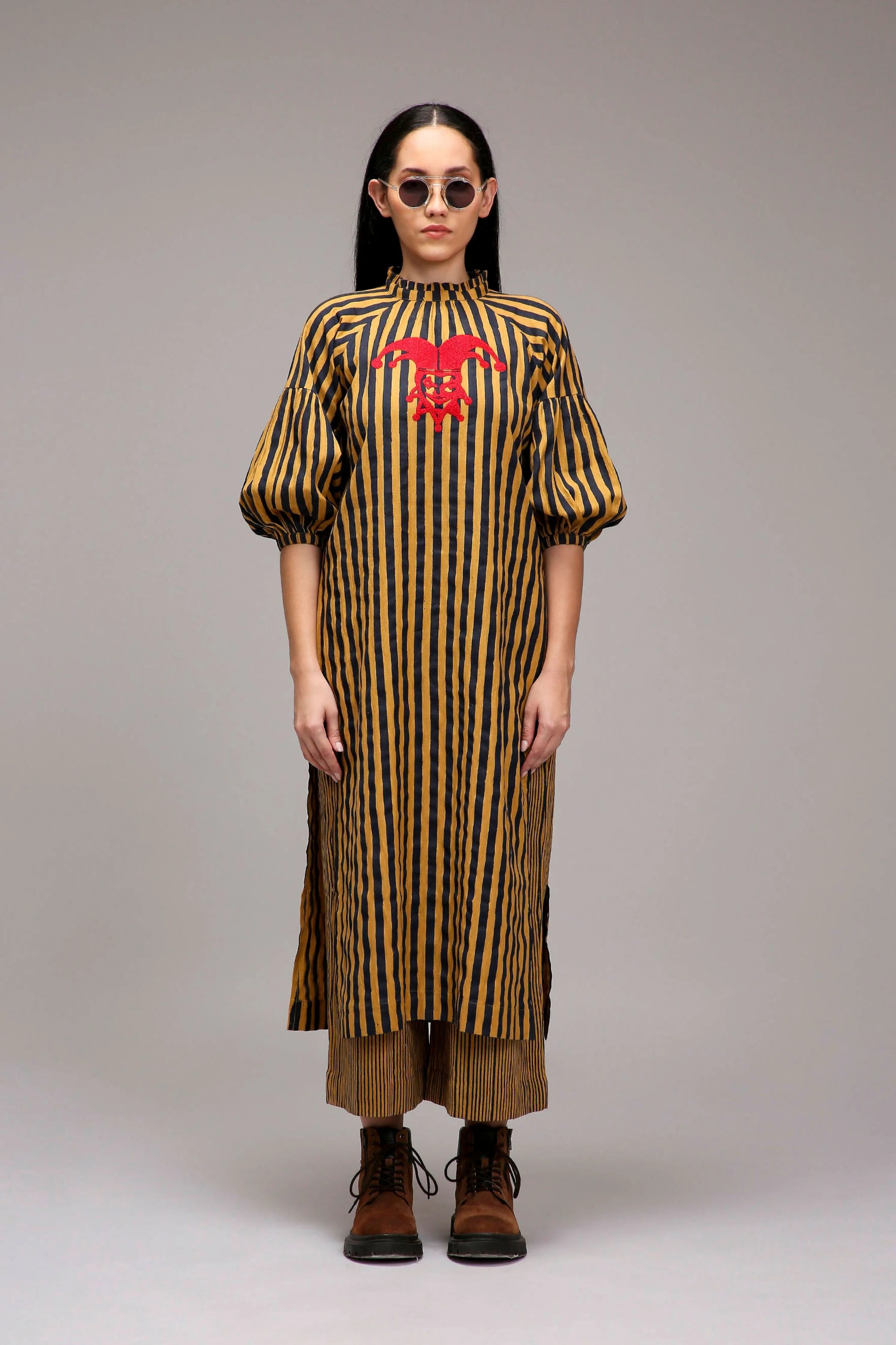 Tan-Brown Blue Striped Big Joker Tunic Set