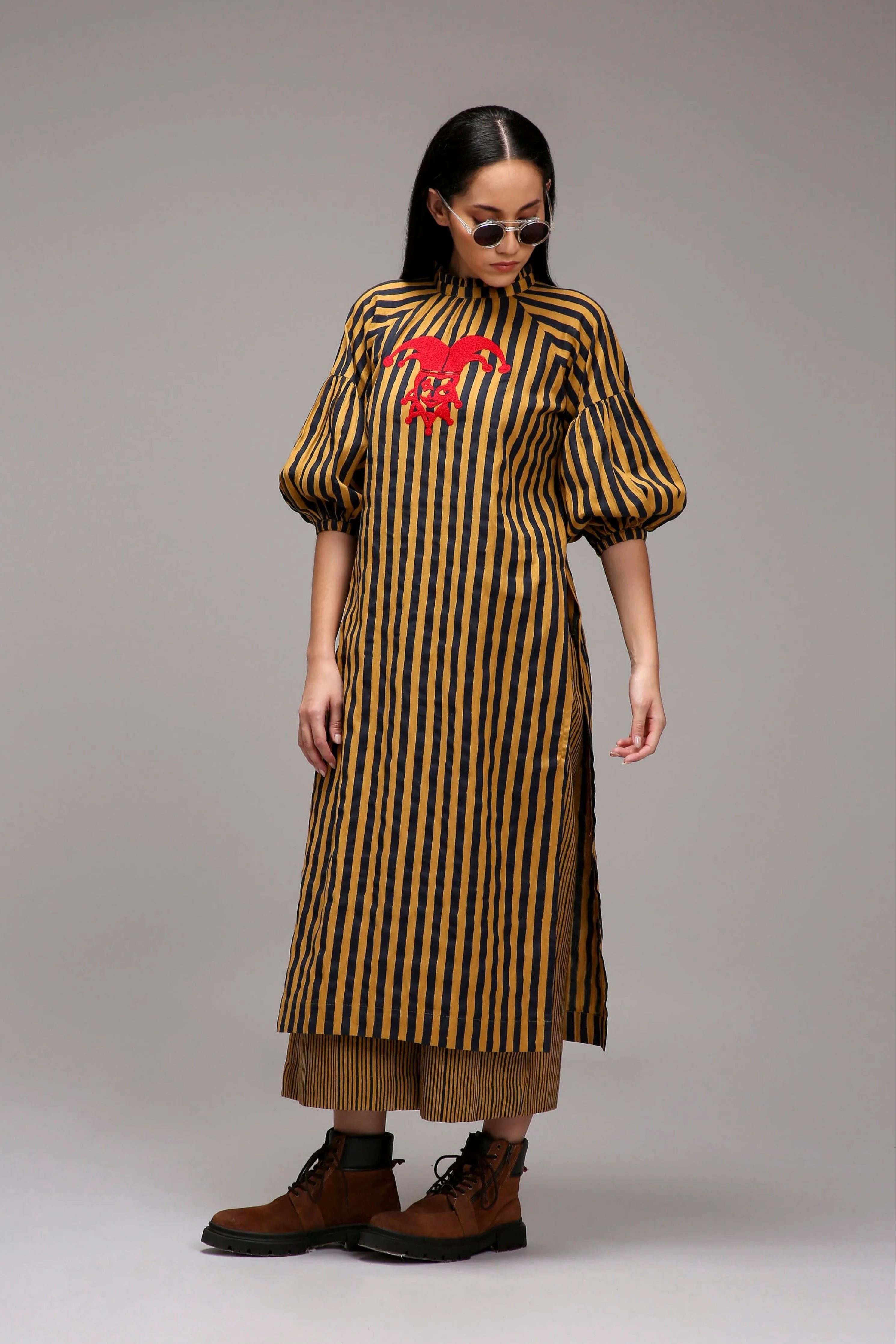 Tan-Brown Blue Striped Big Joker Tunic Set
