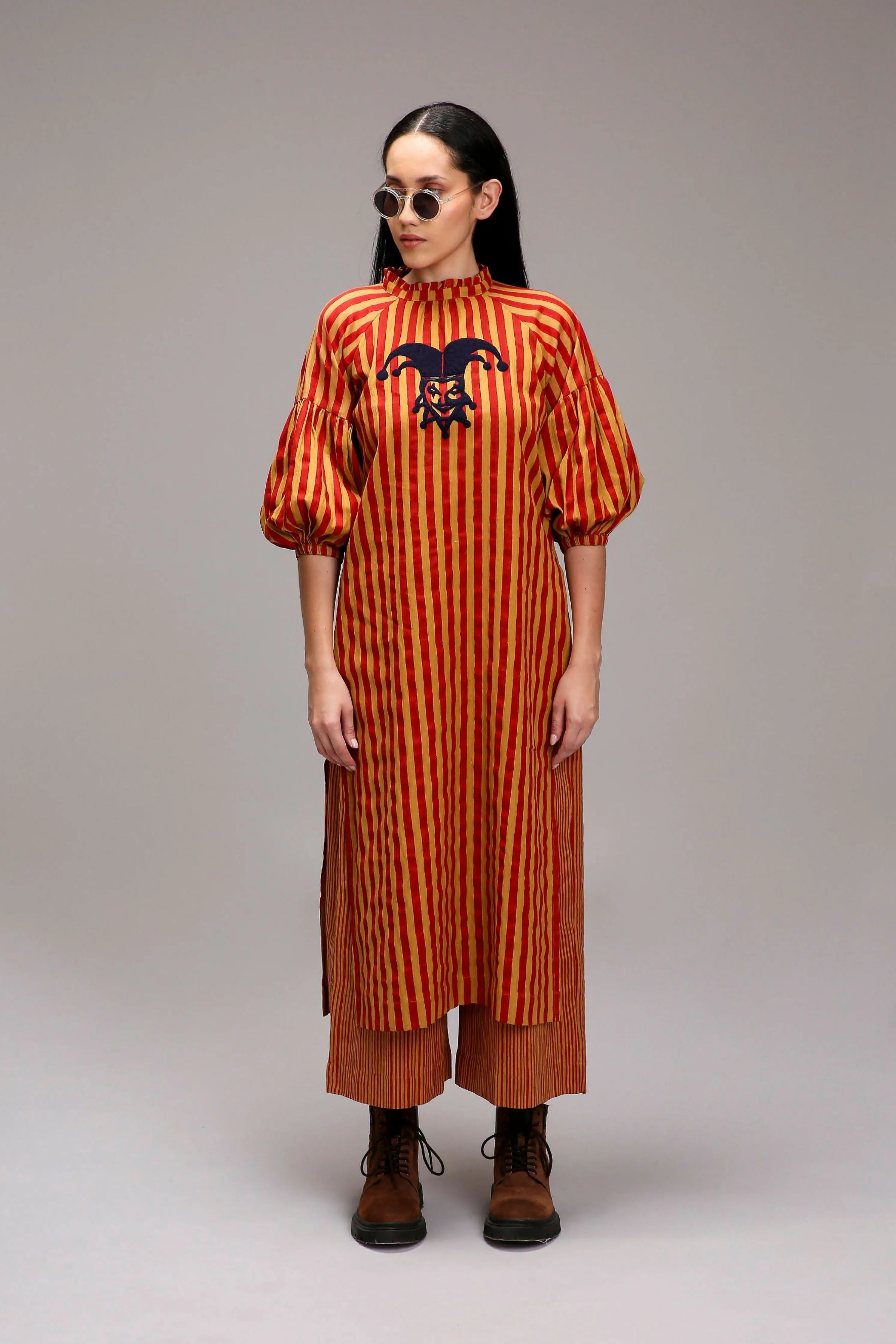 Tan-Brown Red Striped Big Joker Tunic Set