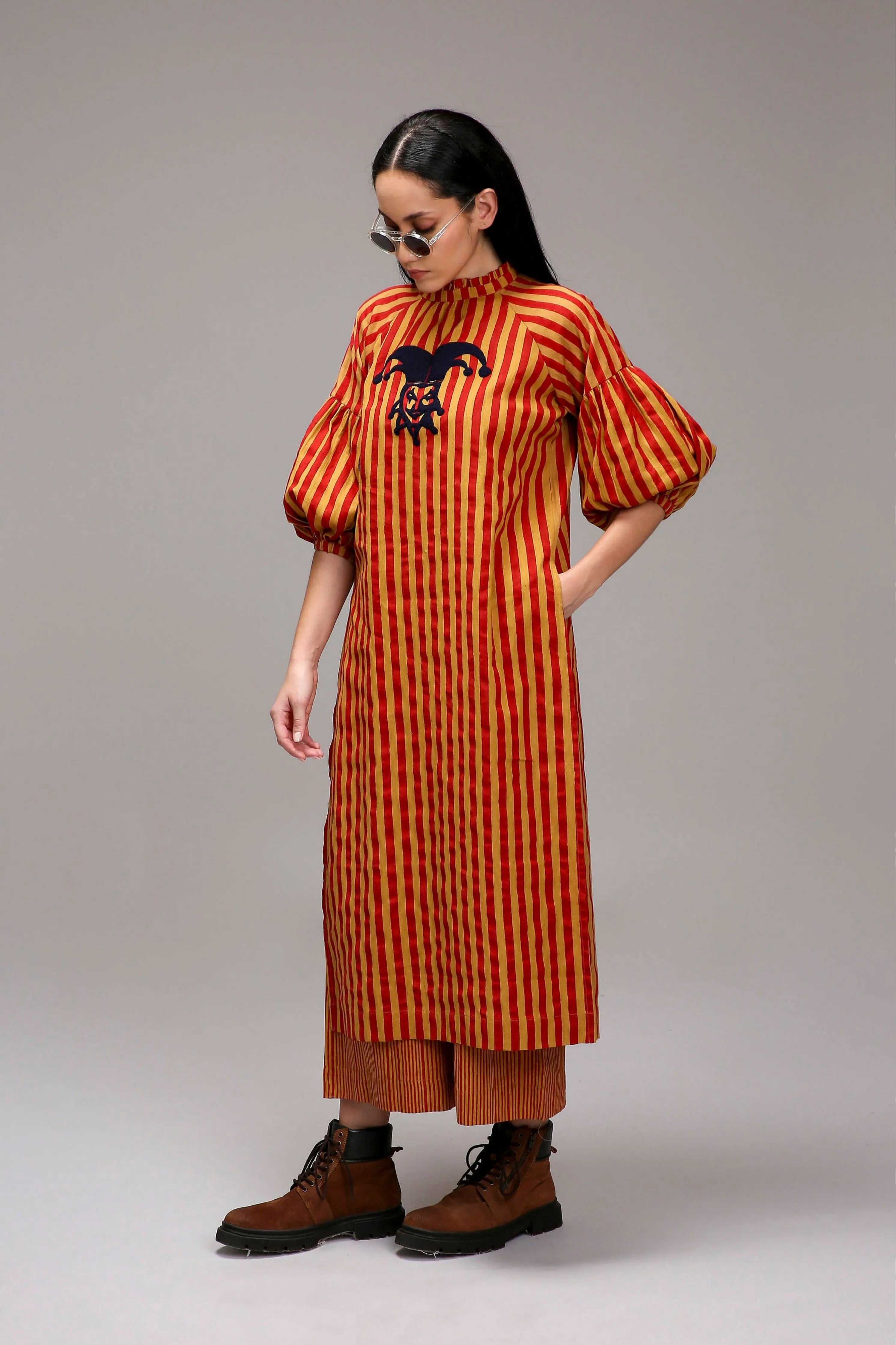 Tan-Brown Red Striped Big Joker Tunic Set