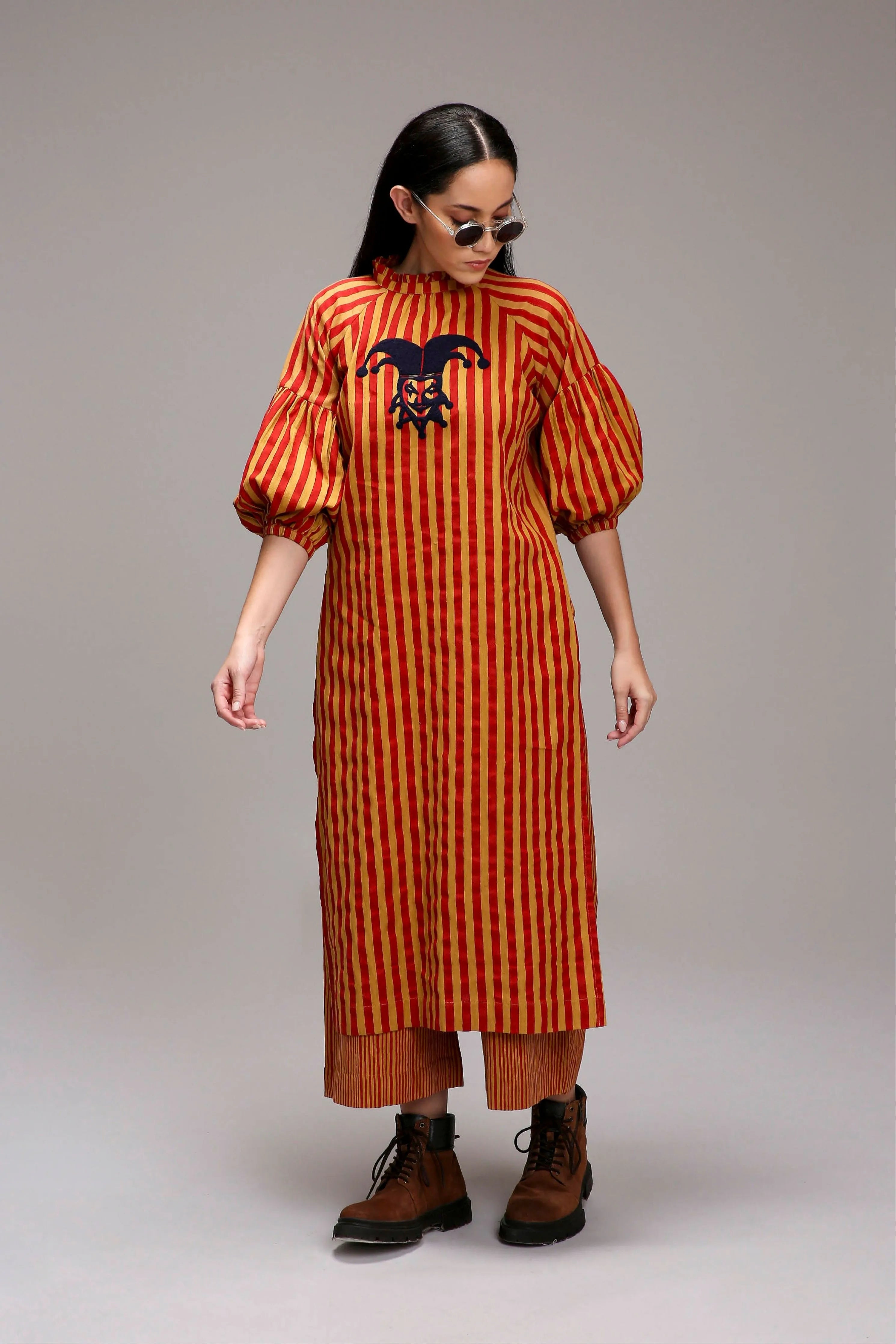 Tan-Brown Red Striped Big Joker Tunic Set