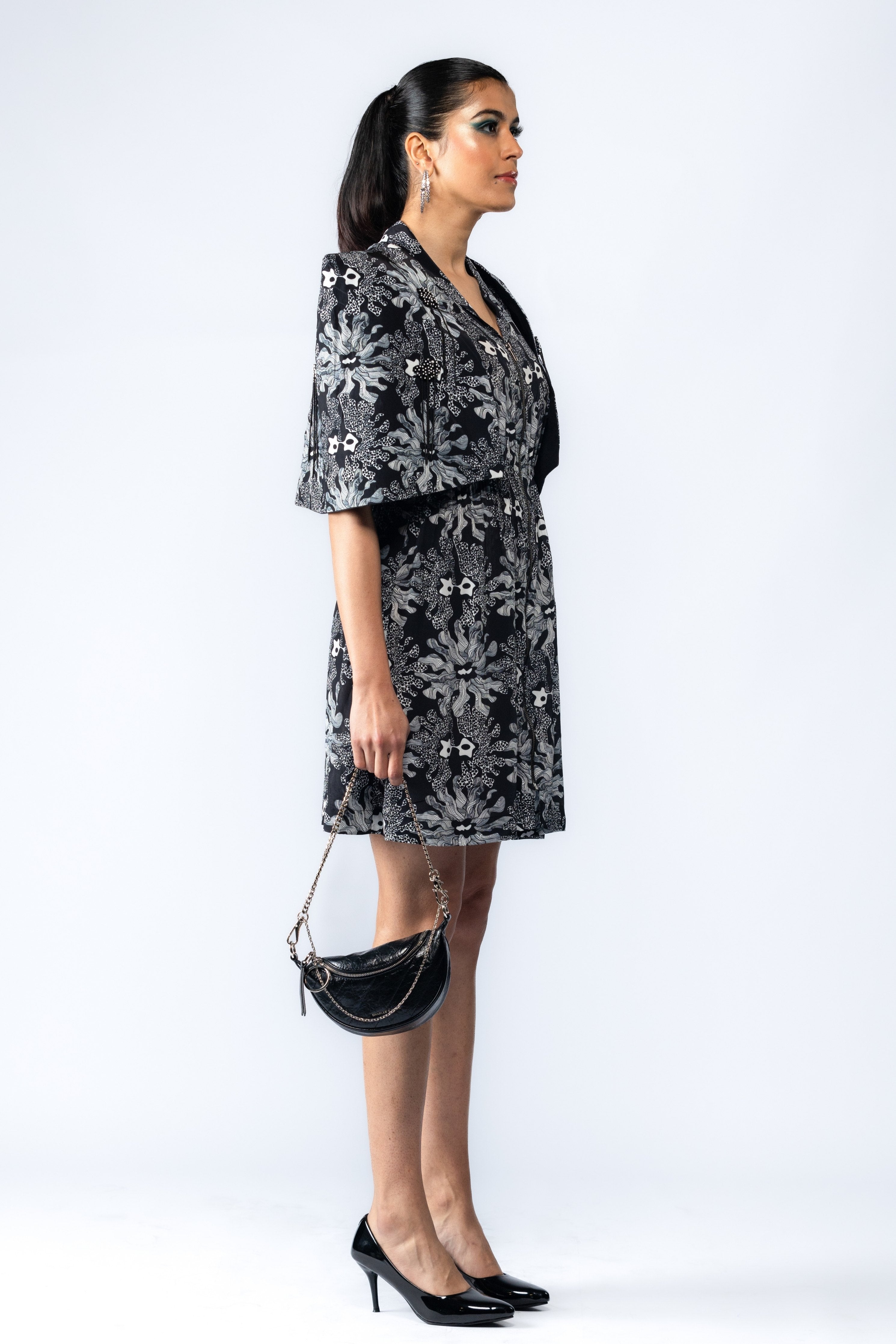 Black Embroidered Cape Dress